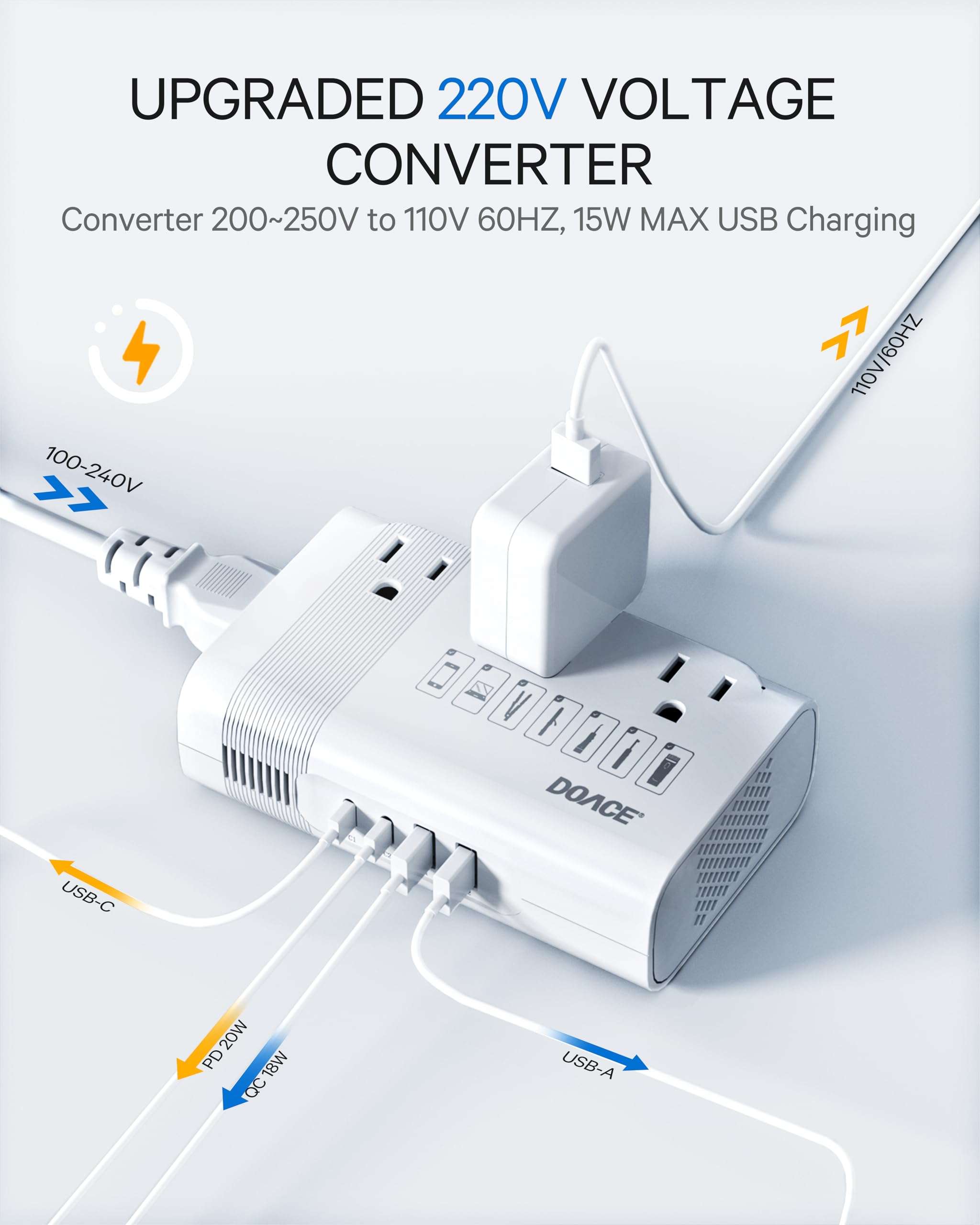 DOACE 220v to 110v Voltage Converter US to Europe: 350W 220 to 110 Voltage Converter for European Travel - International Power Adapter Plug Combo Step Down Transformer White 4