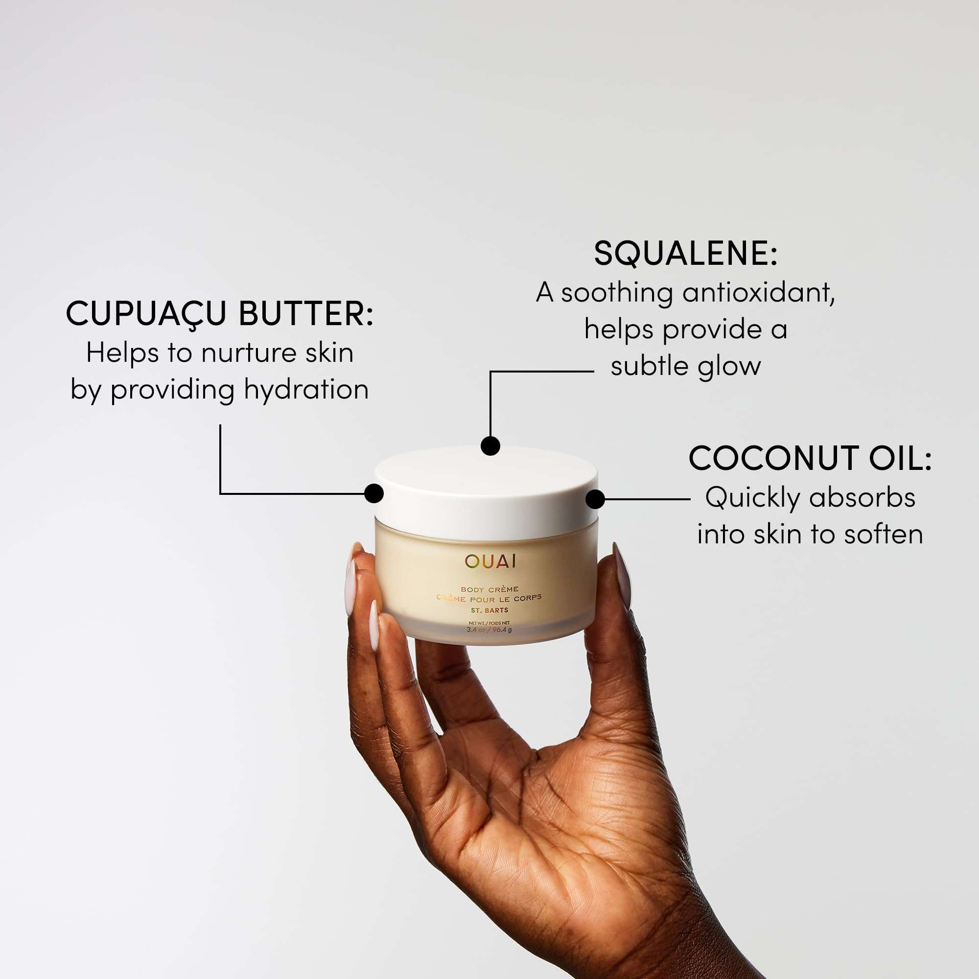 OUAI St. Barts Body Cream Bundle - Hydrating Body Cream with Cupuaçu Butter, Coconut Oil and Squalane - Softens Skin and Delivers Healthy-Looking Glow - Sulfate-Free Skin Care (2 Count, 7.5 Oz/3.4 Oz) 3