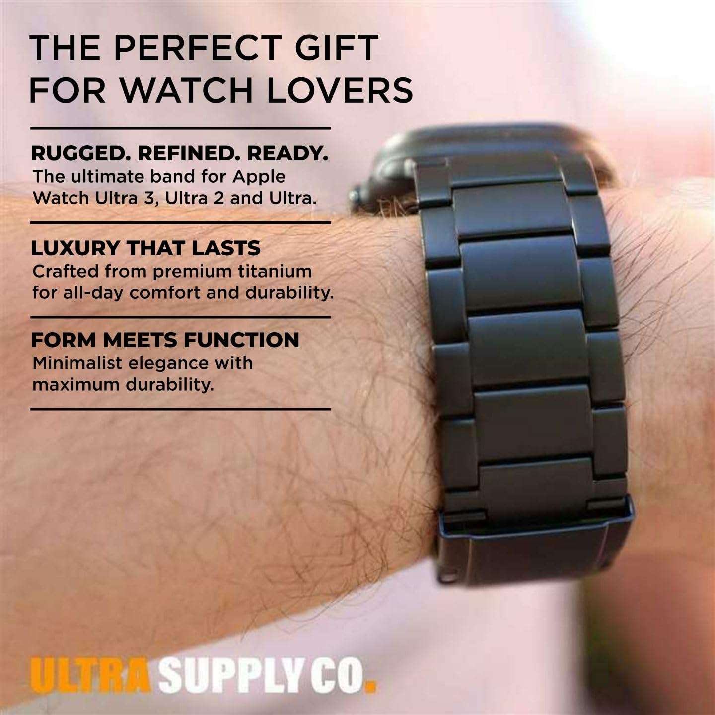 Ultra Supply Co. Titanium Apple Watch Ultra Band - Premium Titanium Watch Band 49mm - DLC Coating - Foldover Clasp - Adjustable Metal Bands for Apple Watch Ultra 3, 2, 1-26mm Wide, Black Titanium 6