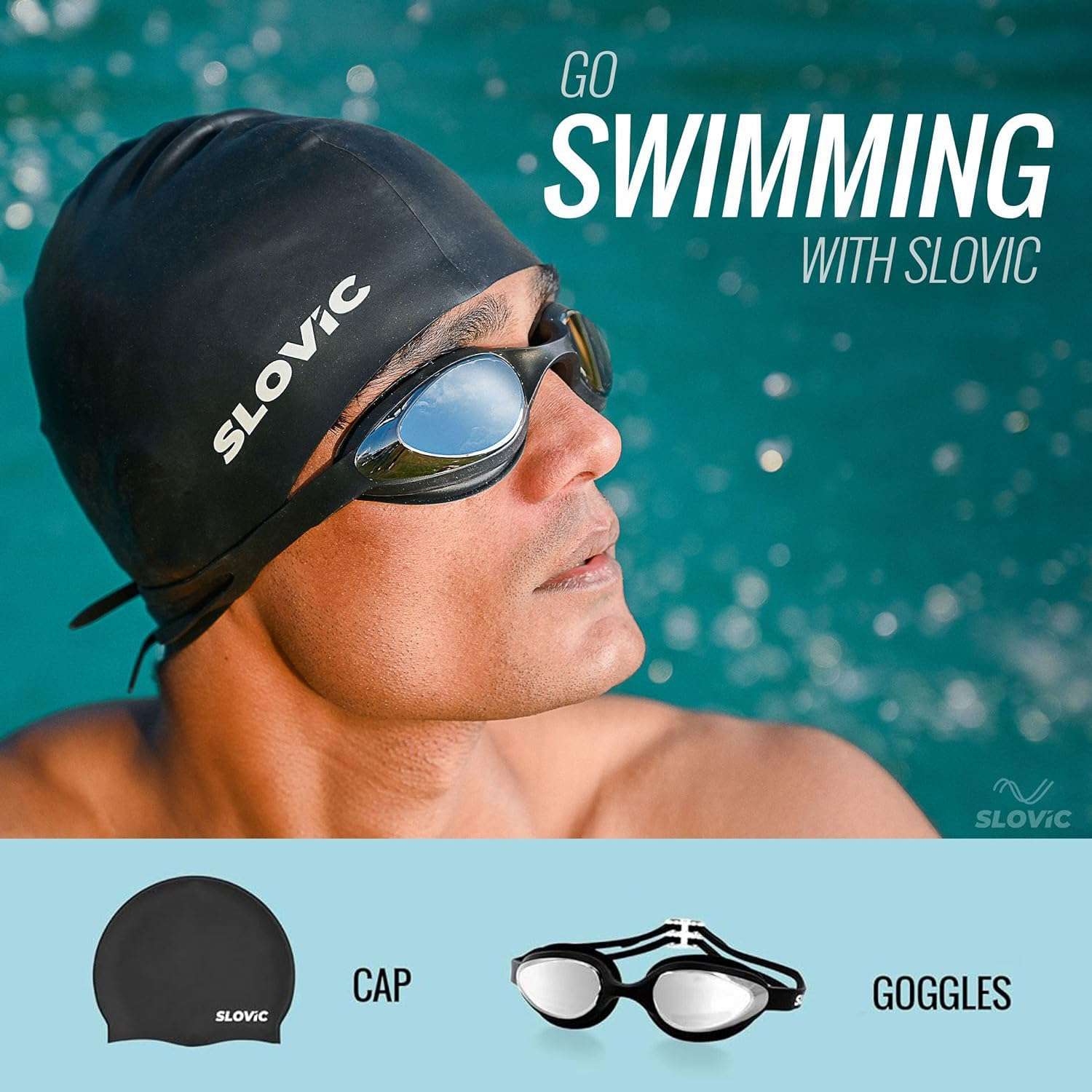SLOVIC Swimming Kit | Swimming Goggles & Swimming Cap with Ear Plug, Nose Clip | Stylish Pool Cap for Long Hair | UV Protection | Anti Fog | Free Size Swim Cap | Black Combo 5