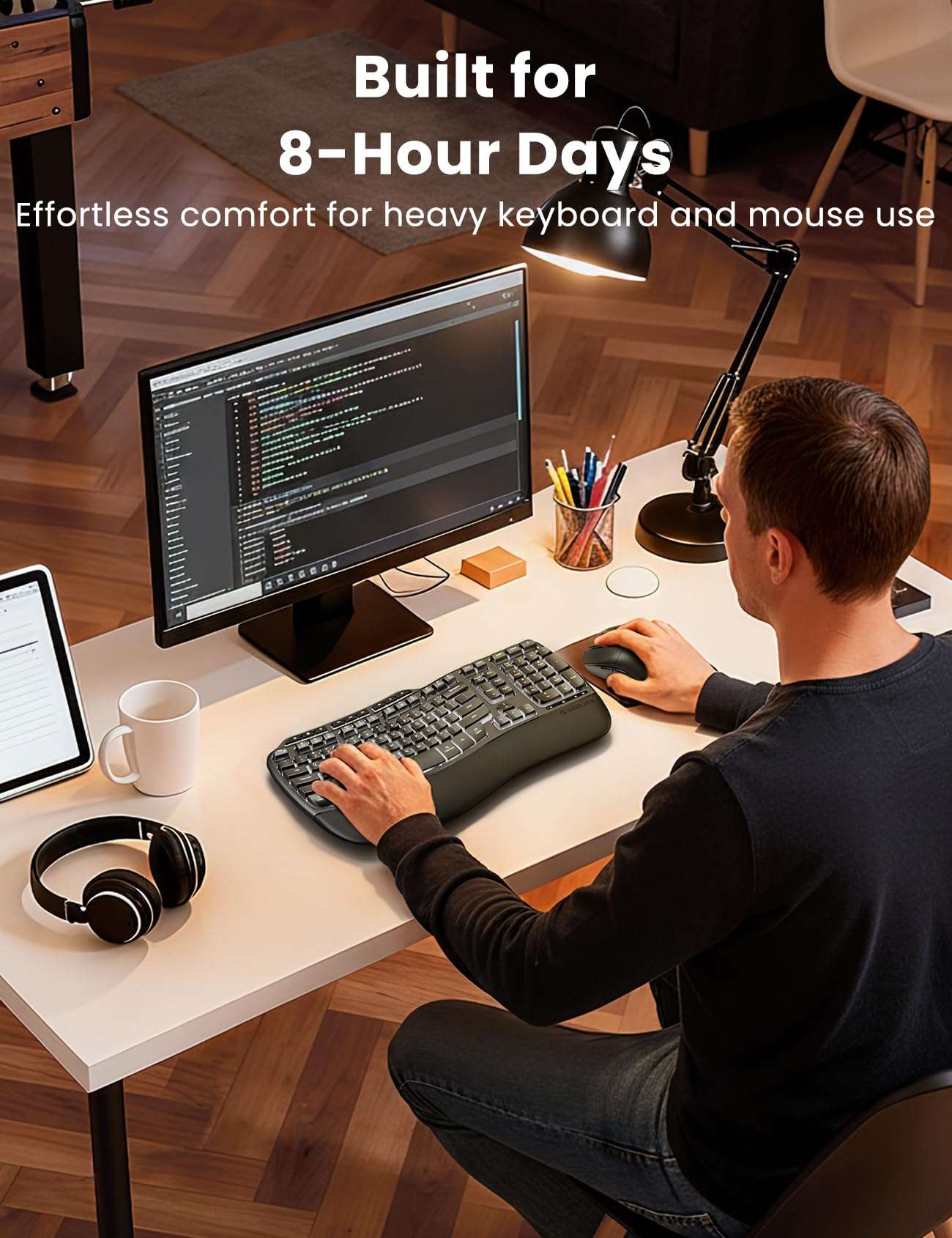 Ergonomic Wireless Keyboard and Mouse Combo, Rechargeable 4000mAh Backlit Keyboard with a Soft, Faux Lambskin Palm Rest, Wave Keys for Natural Typing, Compatible with Windows/Mac/Chromes OS—SABLUTE 5