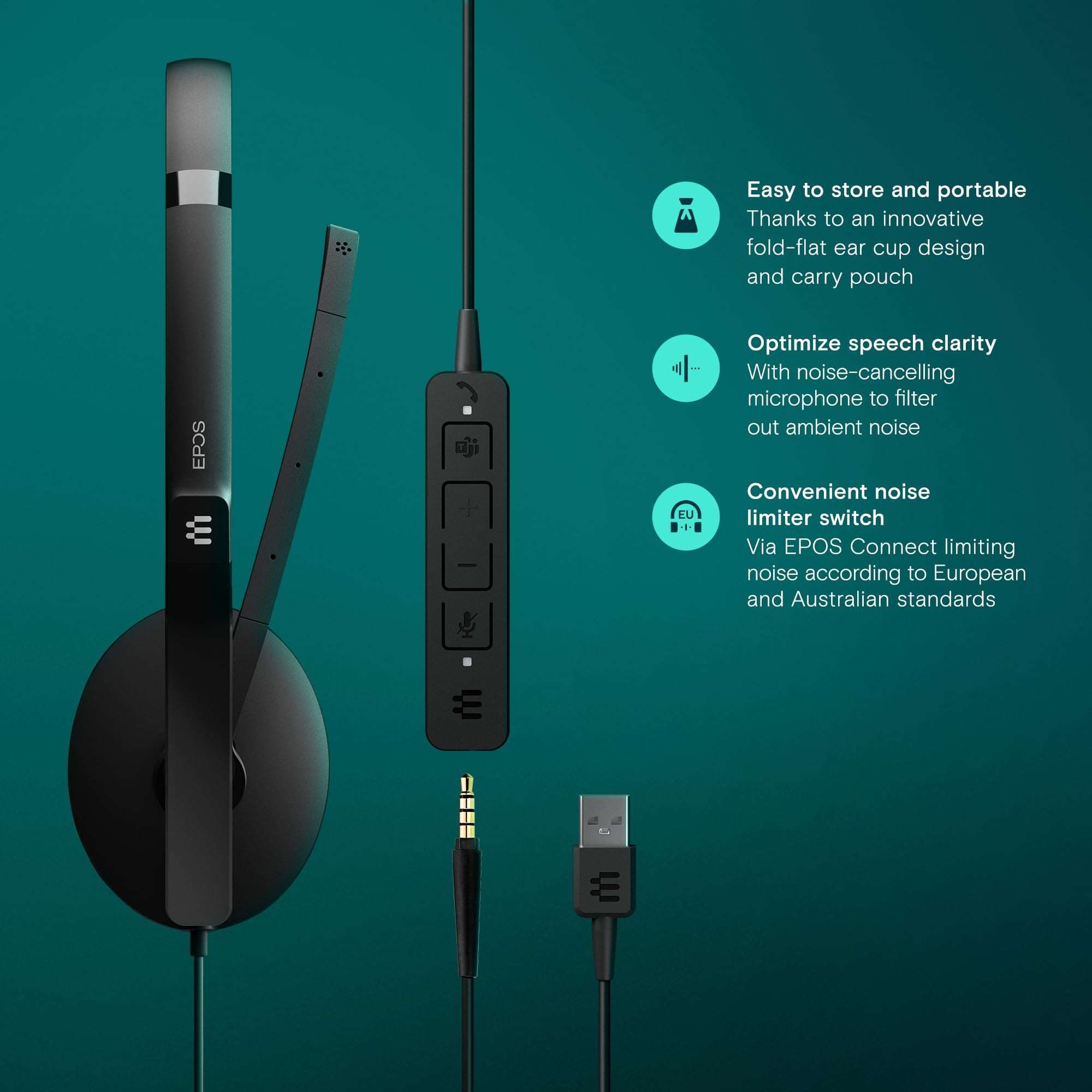 EPOS Adapt 165T USB II - Wired, Double-Sided Headset - 3.5mm Jack/USB Connectivity - Teams Certified-UC Optimized-Superior Stereo Sound-Enhanced Comfort-Call Control- Black 3