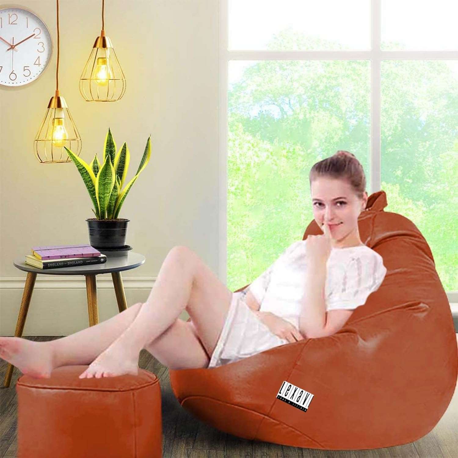 LEXAVI Brand Origial Faux Leatherette| 6 Month Warranty | Quality 4XL Bean Bag with Footrest & Comfy Cushion Filled with Beans (Ready to Use) Special for Corporate & New Year Gifts (Tan)
