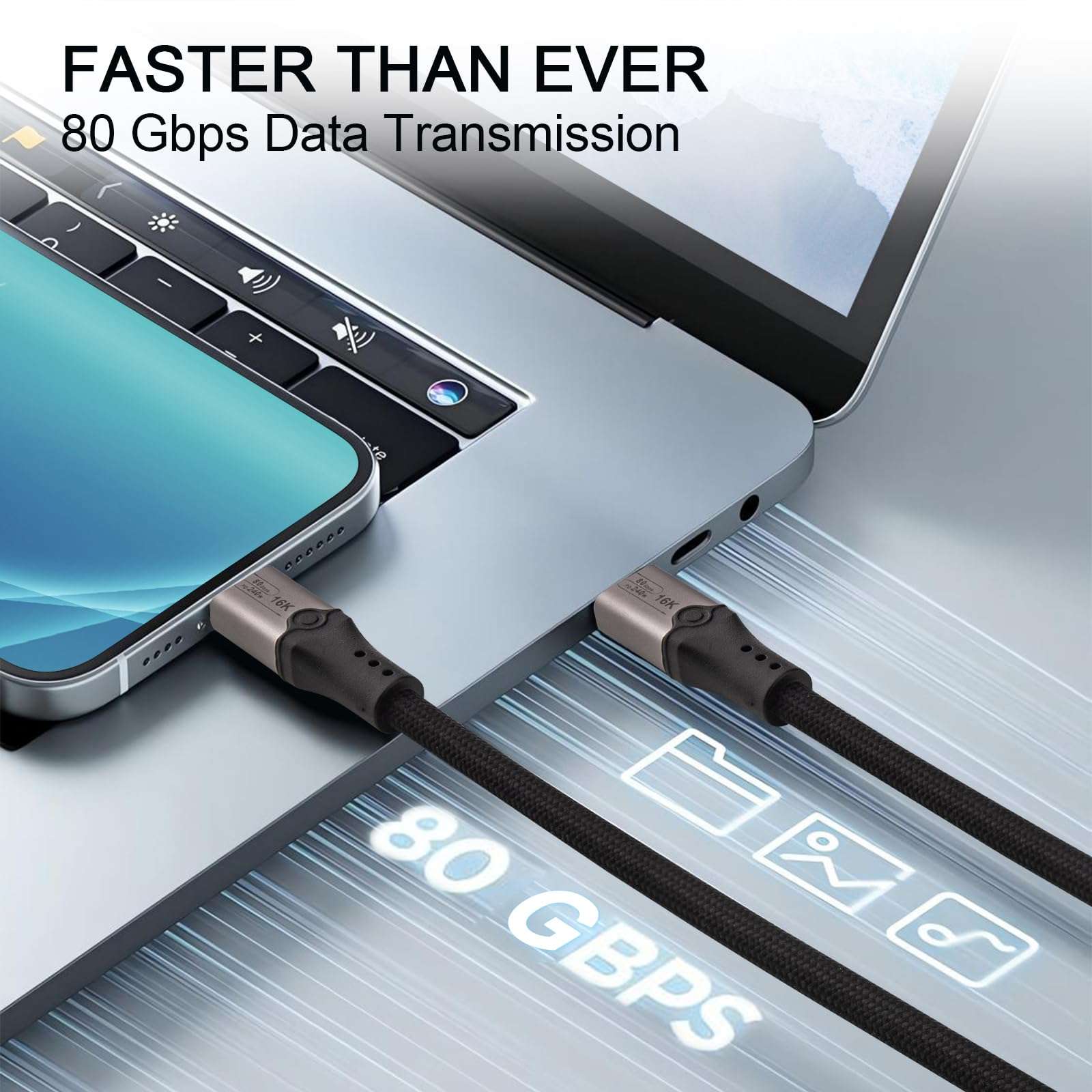 Leehitech 80Gbps Thunderbolt 5 Cable [Braided], 240W Fast Charging, 16K/ Dual 8K 60Hz, 4K 540Hz/240Hz, USB 4 Type C Monitor Video Display Cable 6.6FT, for Thunderbolt 4/5, MacBook, iPhone 16/15 Pro 3