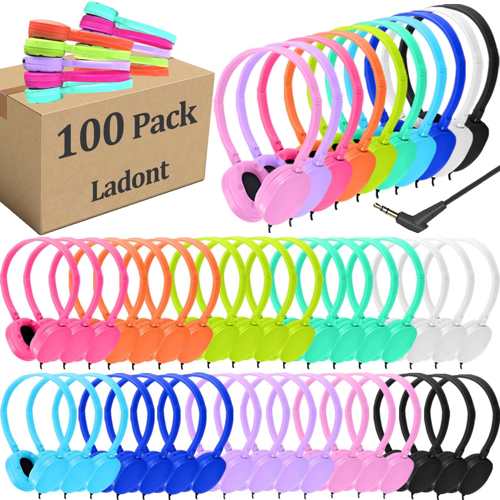 Ladont 100 Pack Classroom Headphones Bulk for Students Schools, Wholesale Wired Headphones for Library Airplane, Multi Color 3.5mm On Ear Class Set Headphones for Chromebook Laptop PC Computer… 1