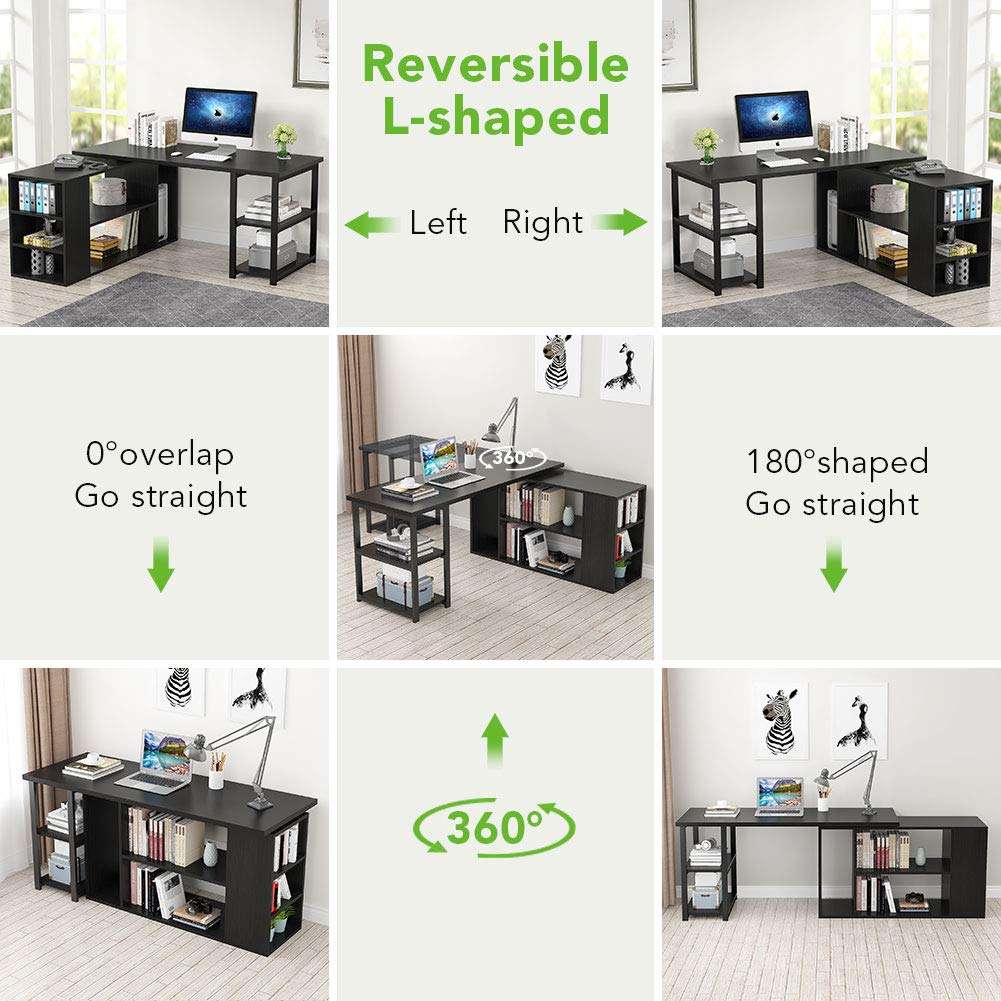 Tribesigns L-Shaped Computer Desk, Rotating Corner Computer Desk with Bookcase and File Cabinet, Reversible L Shaped Office Desk for Home Office (Black) 2