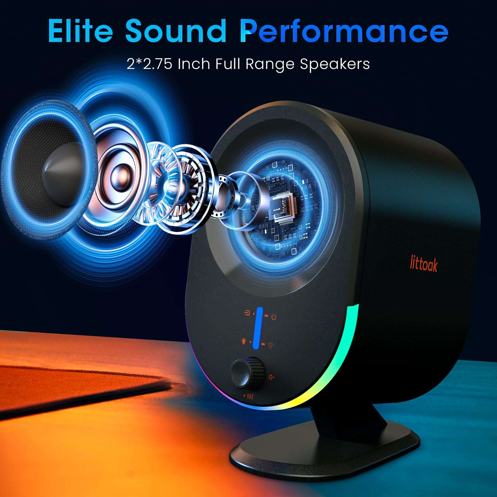 Littoak Computer Speakers, 2*15W Bluetooth Gaming Speaker, 2.0 CH PC Stereo with 6 LED Modes, AC Powered Speaker with 3 Equalizer Modes, Aux in/out, USB port Speakers for Laptop/Desktop/Tablets/Phone 3