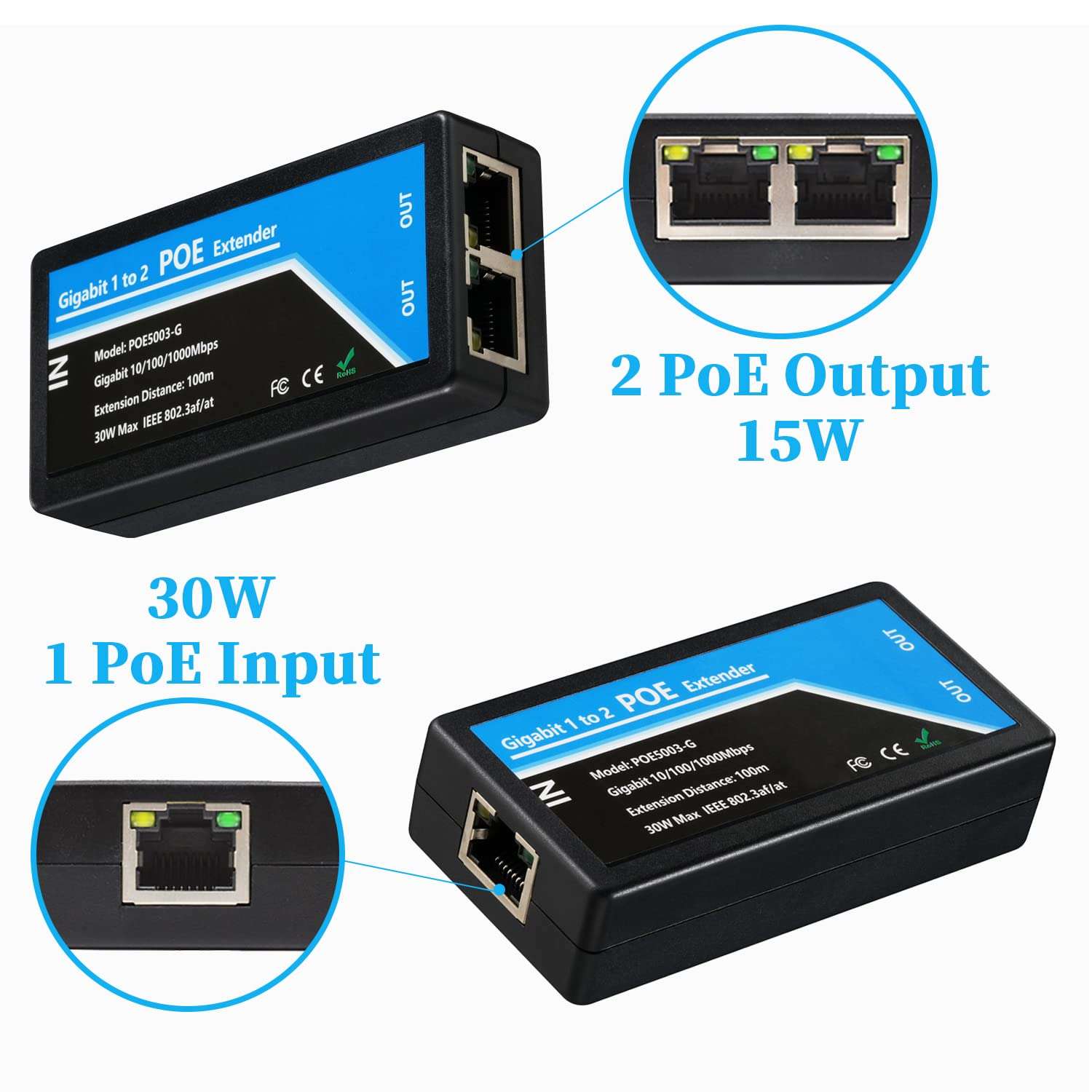 Revotech Gigabit 2 Port POE Extender, IEEE 802.3af/at PoE+ Standard, 10,100,1000Mbps, POE Repeater 100 Meters(328 ft), Extender 1 in 2 Out, Power Supply for PoE Camera/PoE Device (POE5003-G) 2