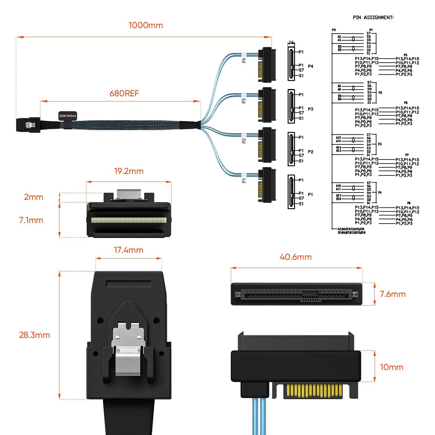 OIKWAN Mini-SAS to SAS-Cable: 1M SFF-8087 to SAS SFF-8482 Connector 4X SAS 29Pin with SATA-Power Adapter Cable (3.3FT)… 3
