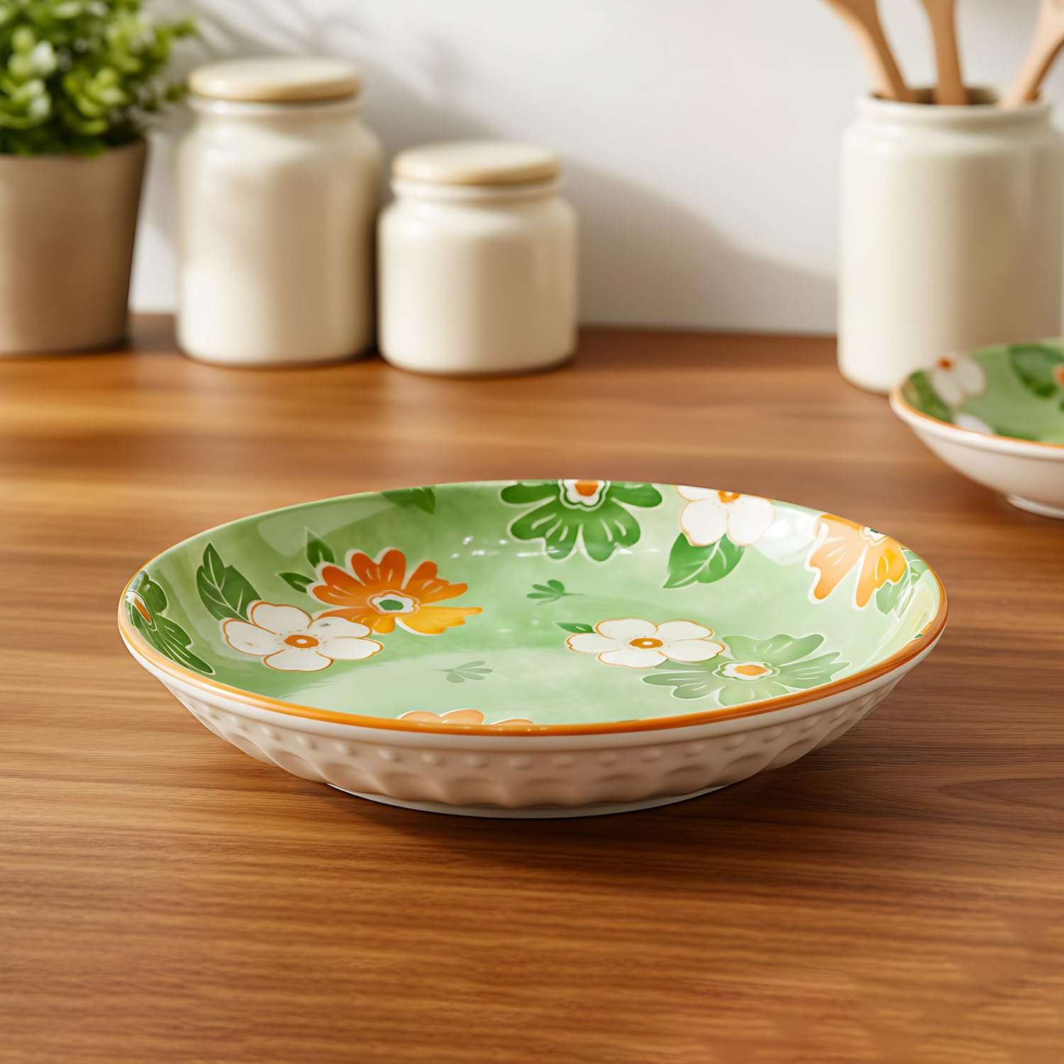 Lemon Tree Snack Serving Plate 20 cm Round Ceramic Deep Salad, Pasta Plate | Dinner Plates for Kitchen Microwave, Dishwasher & Oven Safe (Green) 1