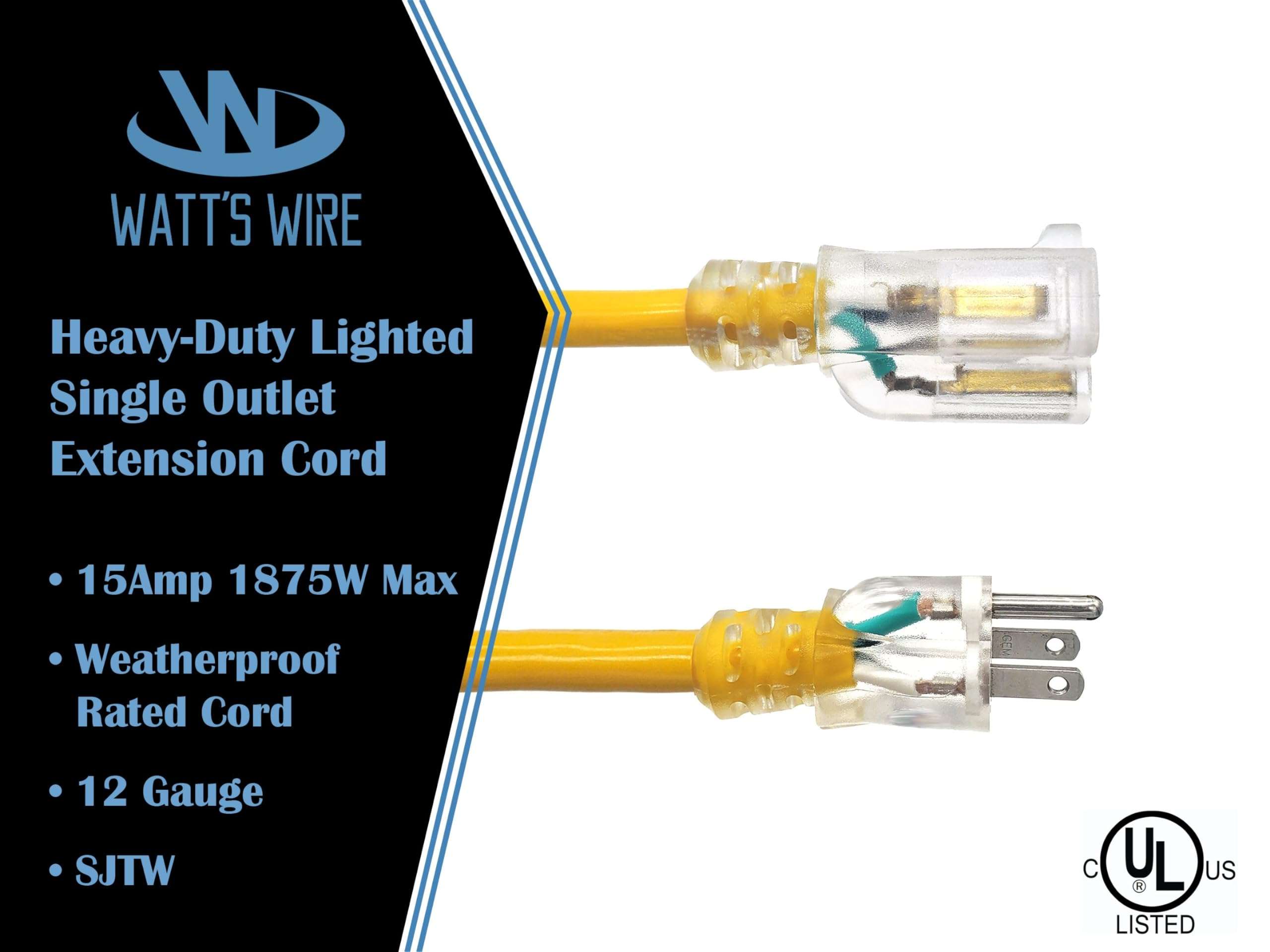 50 ft - 12 Gauge Heavy Duty Extension Cord - Lighted SJTW - Indoor/Outdoor Extension Cord by Watt's Wire - 50' 12-Gauge Grounded 15 Amp Extension Cord 2