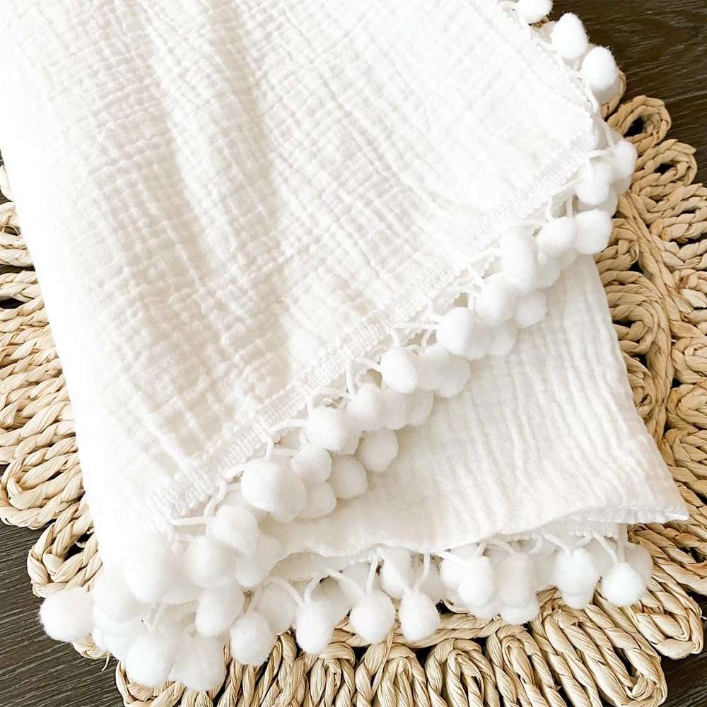 Bird Wing | White Swaddle Muslin Blanket with Pom Pom All Around,Newborn Baby Wrap, Cute Pom Pom Blanket for Infants. | Size : 100 X 120 CM (40x47 Inch) Pack of 1 1