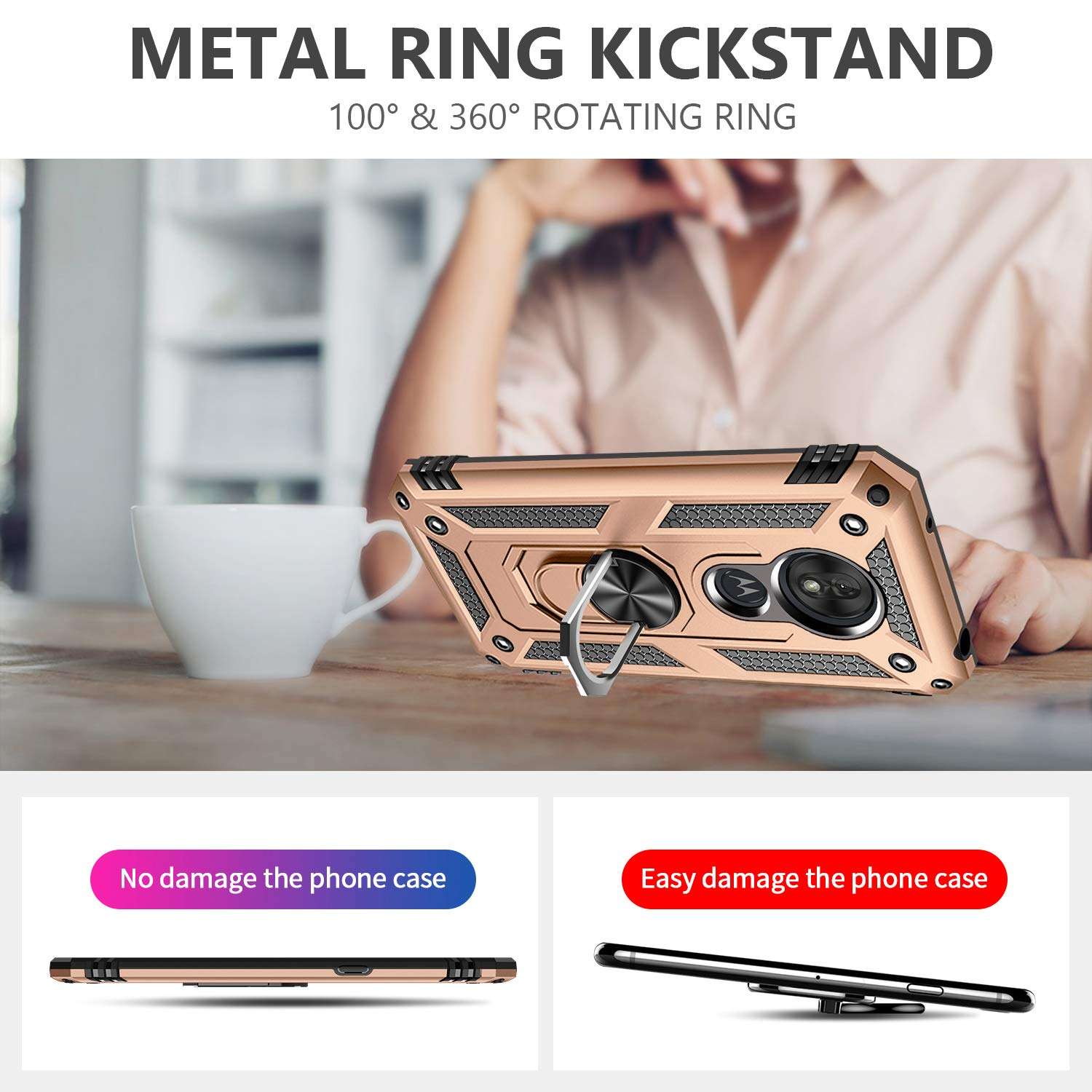 AUPAI Moto G7 Play Case with Glass Screen Protector, Heavy Duty 15ft Drop Tested Shockproof Cover with Magnetic Ring Kickstand,Protective Phone Case for Moto G7 Play Gold 6