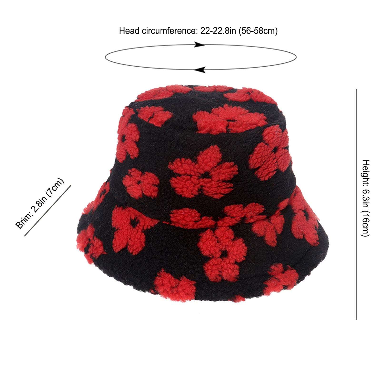 JELLYEA Winter Plush Bucket Hat Flower Pattern Casual Warm Faux Fur Fisherman Cap for Women (Red), One Size 2