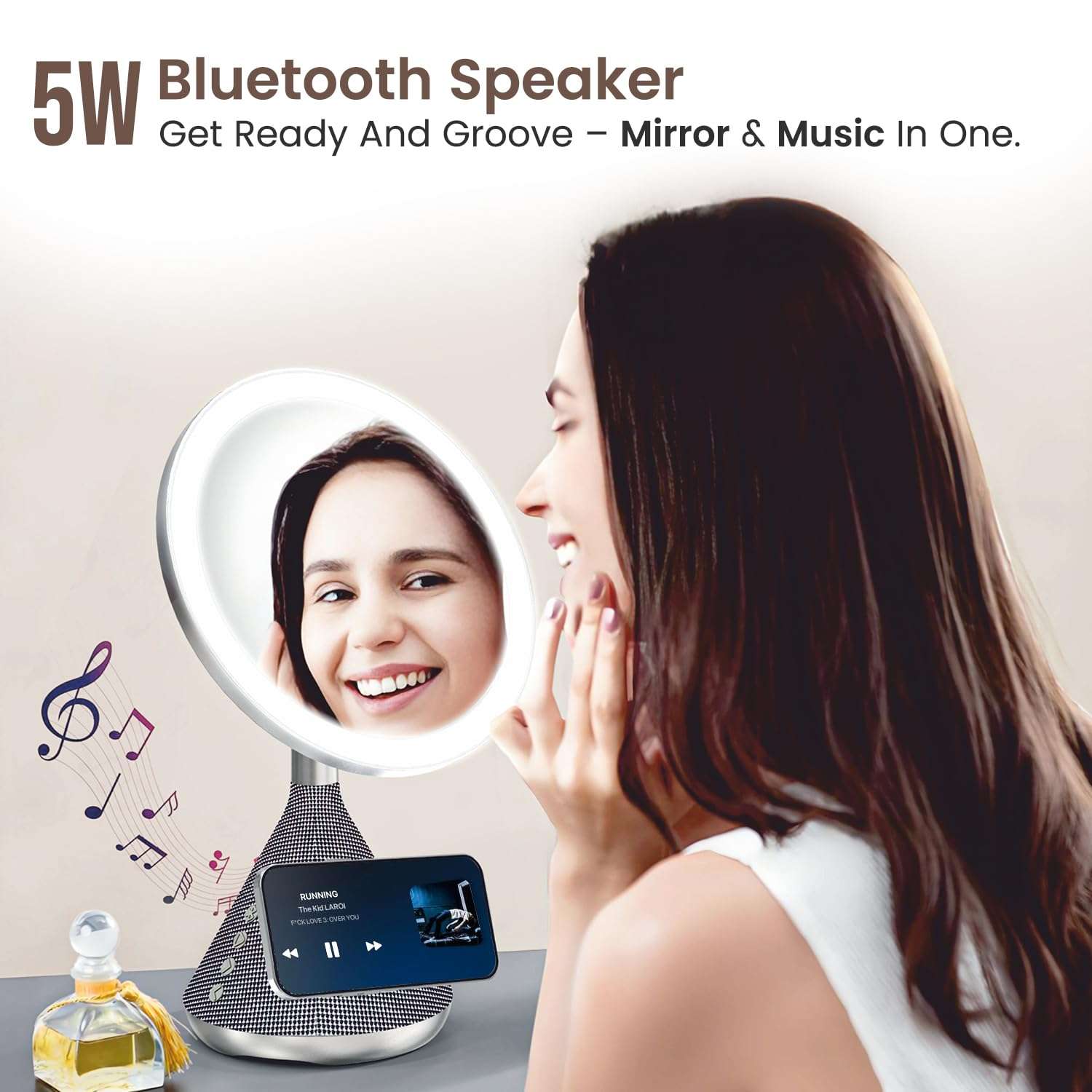 Portronics MOVO 3 in 1 Wireless Charger with 5W Bluetooth Speaker & Makeup Mirror, Qi2 Certified 15W Wireless Charging, 3 LED Lights with Adjustable Intensity, 90° Adjustable Mirror, Type C Input 5