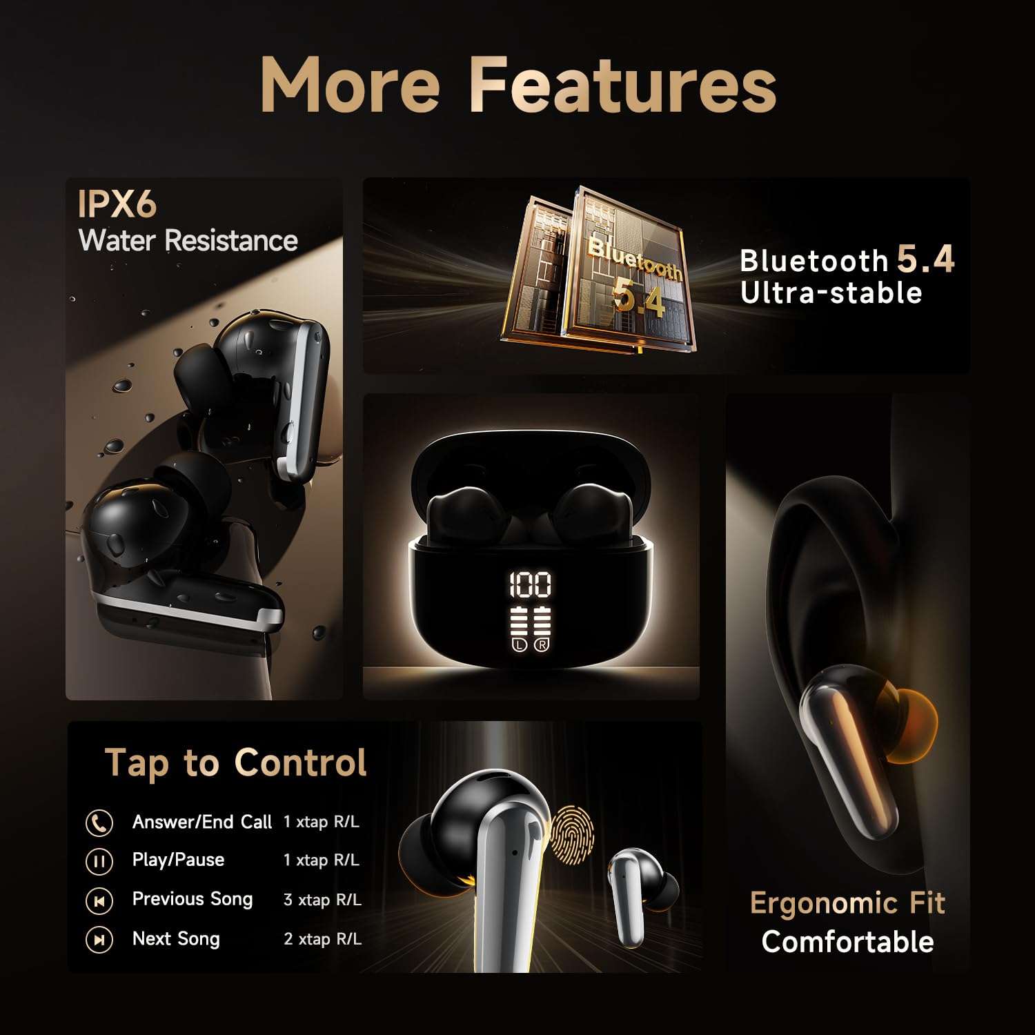 Studio-Quality Wireless Ear Buds with Deep Bass & Enhanced Audio Clarity, Bluetooth 5.4, 10-Year Lifespan Earbuds, ENC Noise Cancelling Calls, Secure Fit Memory Foam Tips, IPX6 Waterproof (Black) 6