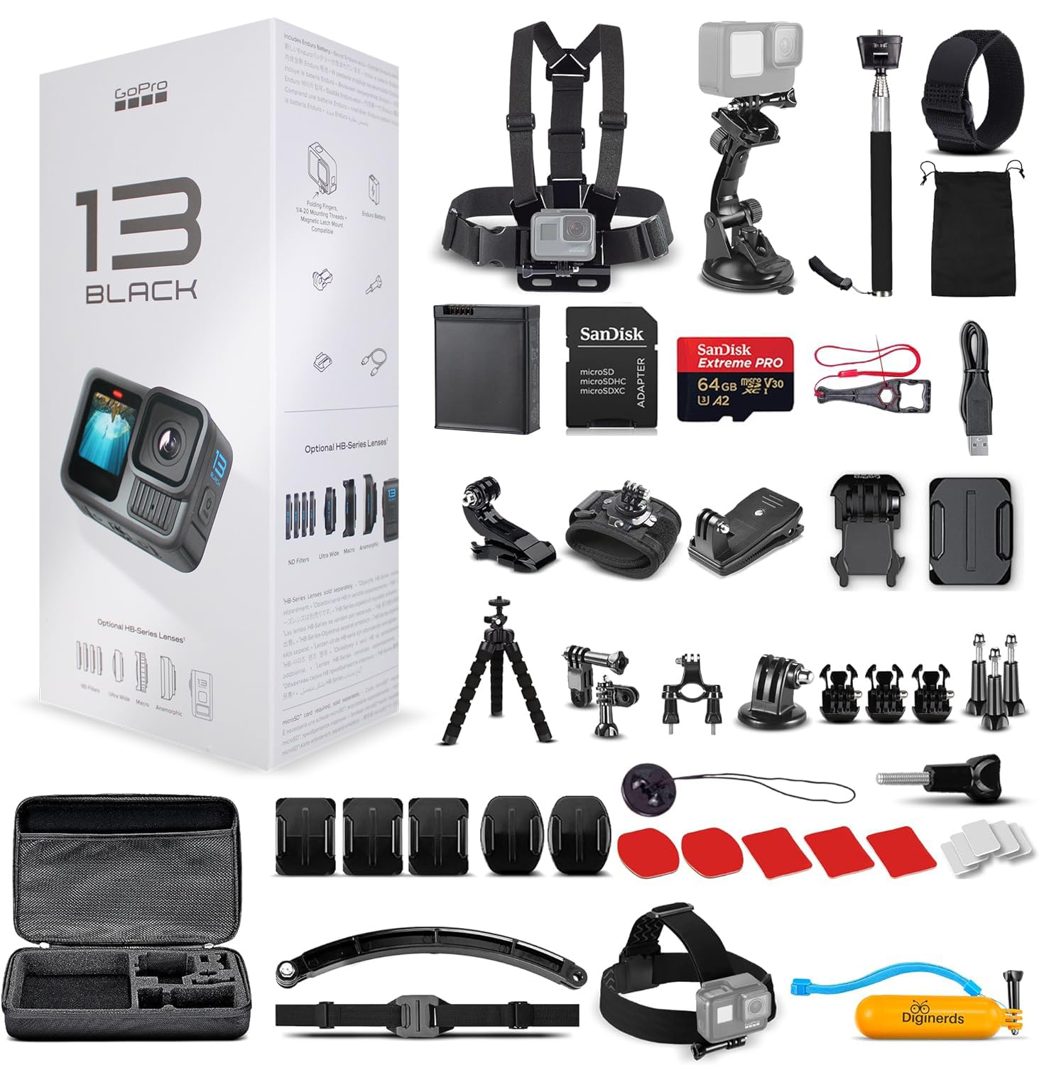 GoPro HERO13 (Hero 13) Black Waterproof Action Camera with 5.3K HDR Video, 27MP Photos, 1/1.9" Image Sensor, Webcam, Live Streaming, Stabilization with 64GB Card & 50 Piece Accessory Kit Bundle