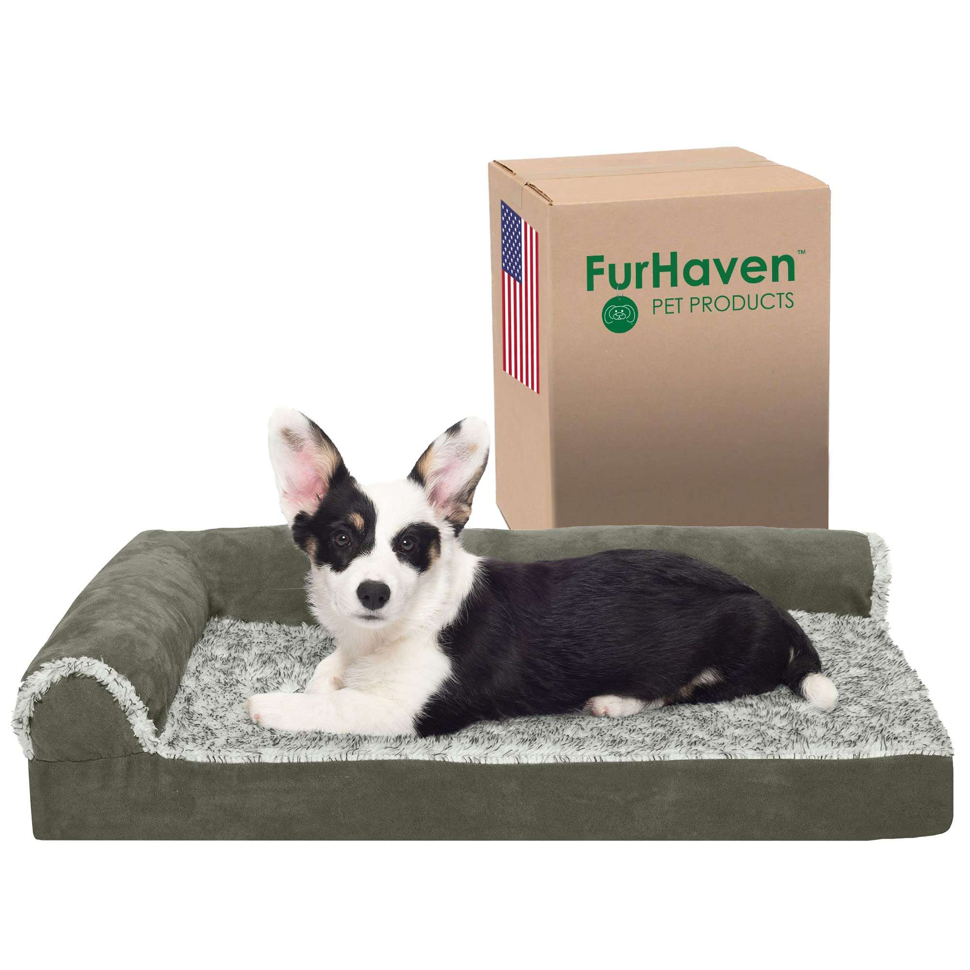 Furhaven Pet 44341084 Medium Two-Tone Faux Fur & Suede Deluxe Chaise Lounge Orthopedic Sofa Pet Bed, Dark Sage