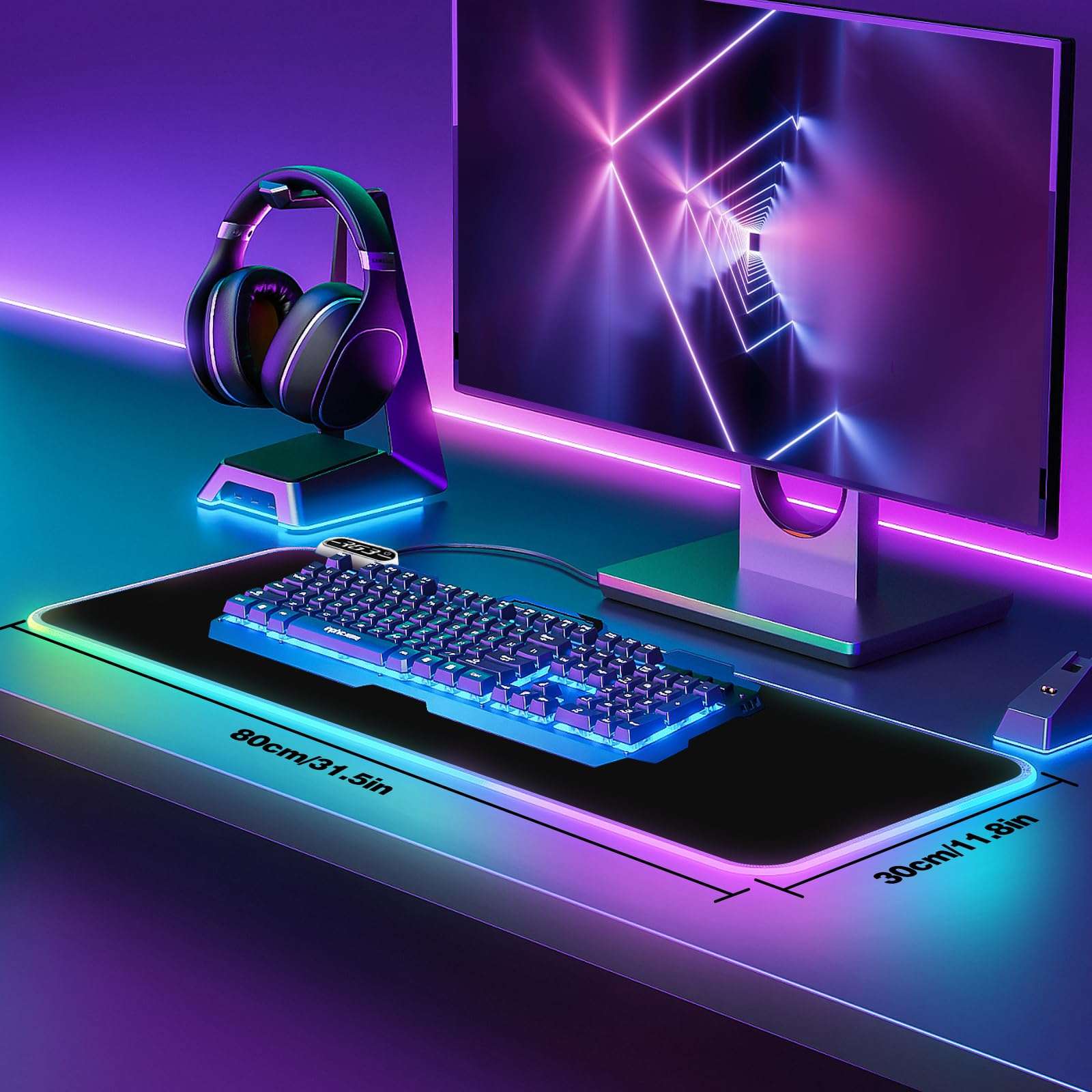 Galdas Large RGB Gaming Mouse Pad - Big Gaming Led Mouse Mat Smoothly Waterproof Surface XXL Mouse Pad with Anti-Slip Rubber Base Stitched Edge Mouse Pad with 19 Light Modes,31.5"x11.8" (Black) 3