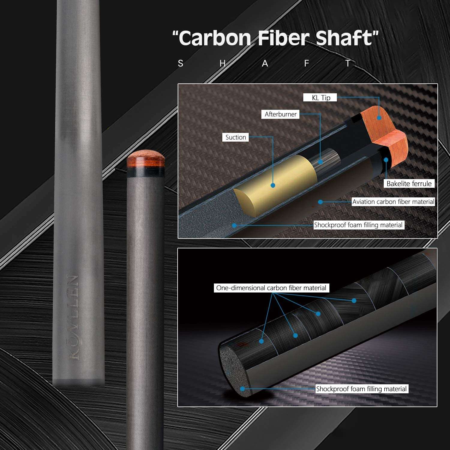 KONLLEN Carbon Fiber Pool Cue Stick Technology Low Deflection Billiard Cue with Towel(12.6-12.8mm Carbon Fiber Shaft, 4 Pieces of Carbon Tubes Inside Butt, Leather Handle, 3/88 Radial Pin Joint)… 4