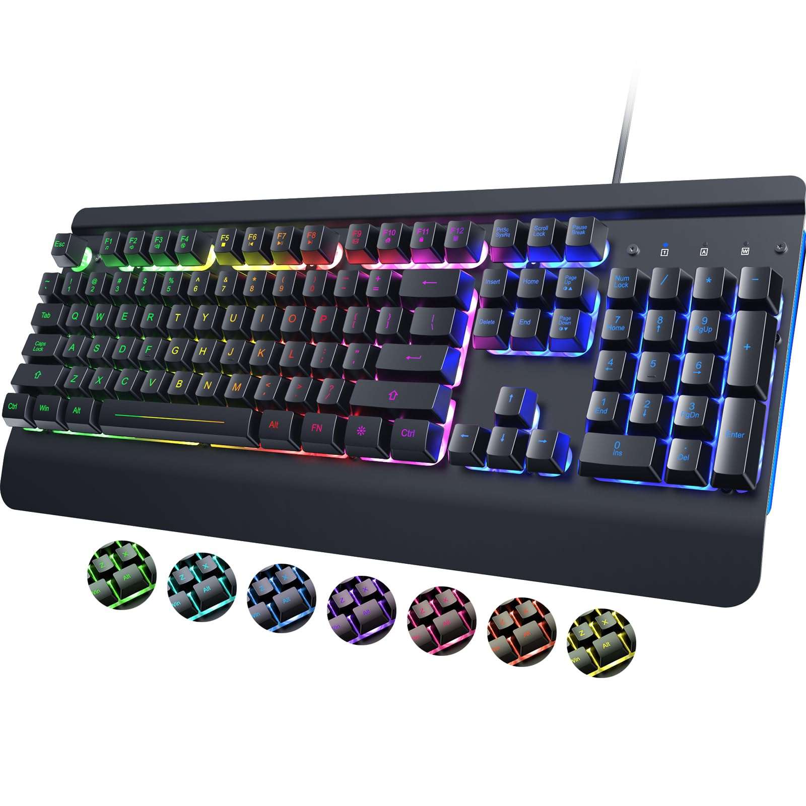 RisoPhy RGB Gaming Keyboard, 7 Single Color Backlits, 104 Keys Metal Panel Computer Keyboard,Silent Keys, Wrist Rest, Full Size Waterproof Light Up Wired Keyboard for PC Laptop Mac Gamer 2