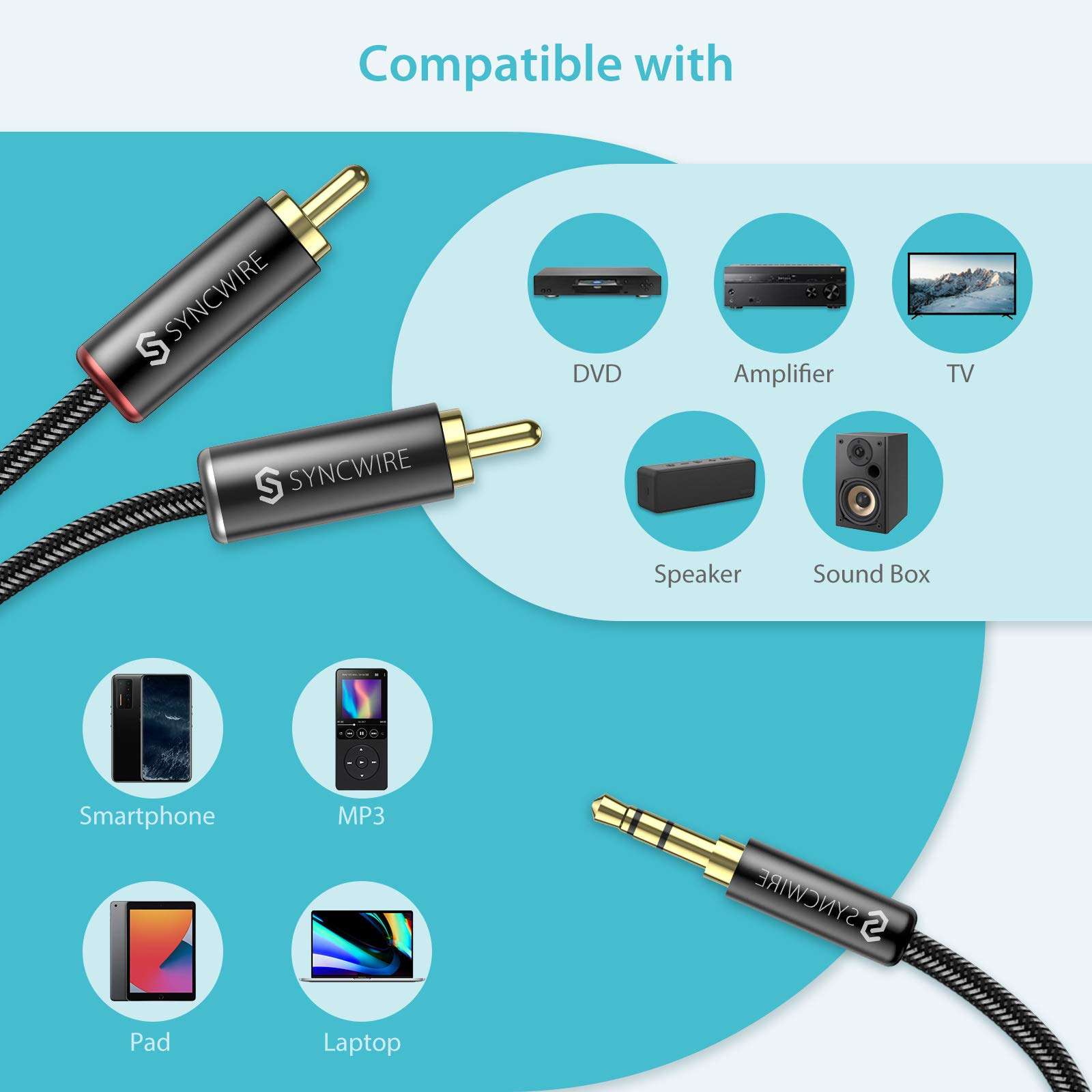 Syncwire RCA Cable - [6ft/1.8m, Dual Shielded Gold-Plated] 3.5mm to 2RCA Male Stereo Audio Adapter Coaxial Cable Nylon Braided Aux RCA Y Cord for Smartphones, Speakers, Tablets, MP3, HDTV - Black 5