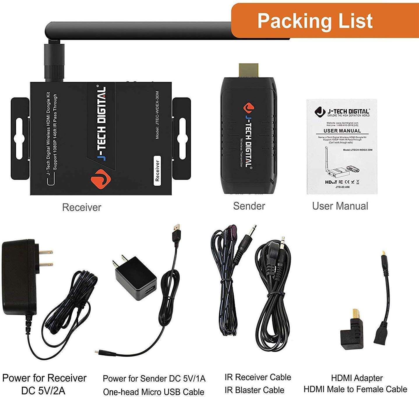 J-Tech Digital 1080p@60Hz Wireless HDMI Extender Adapter Dongle Up to 100' Distance IR Support [JTECH-WDEX-30M] 6