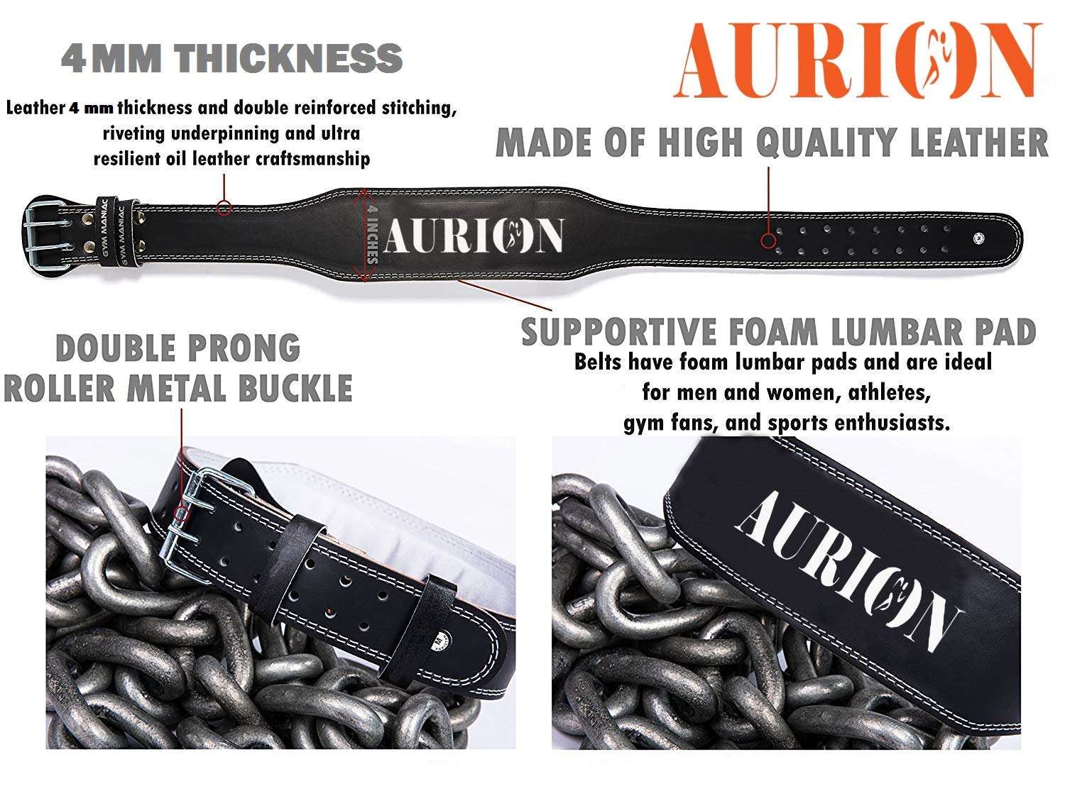 Aurion 4inch Waist Belt Genuine Leather Exercise Weight Lifting Belt For Gym | Deadlift Belt With Buckle | Squat Belt | Man Woman Training Belt | Power Lift Belt | Back Belt For Workout (Large, Black) 4