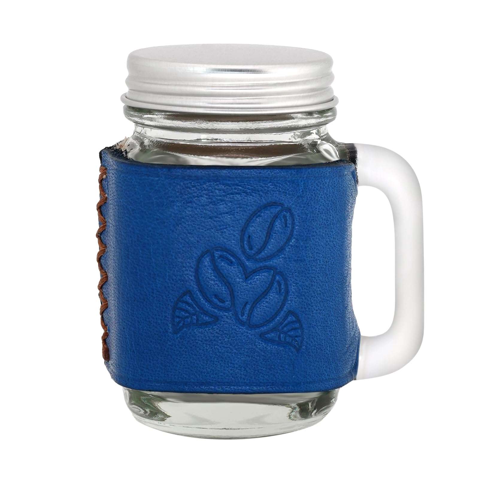 1PC 1.7oz 50ml Mini Glass Handle Mug Genuine Leather Sleeve Mini Espresso Dispenser Bottles Small Glass Mug Mini Sealed Jar (BULE) 1