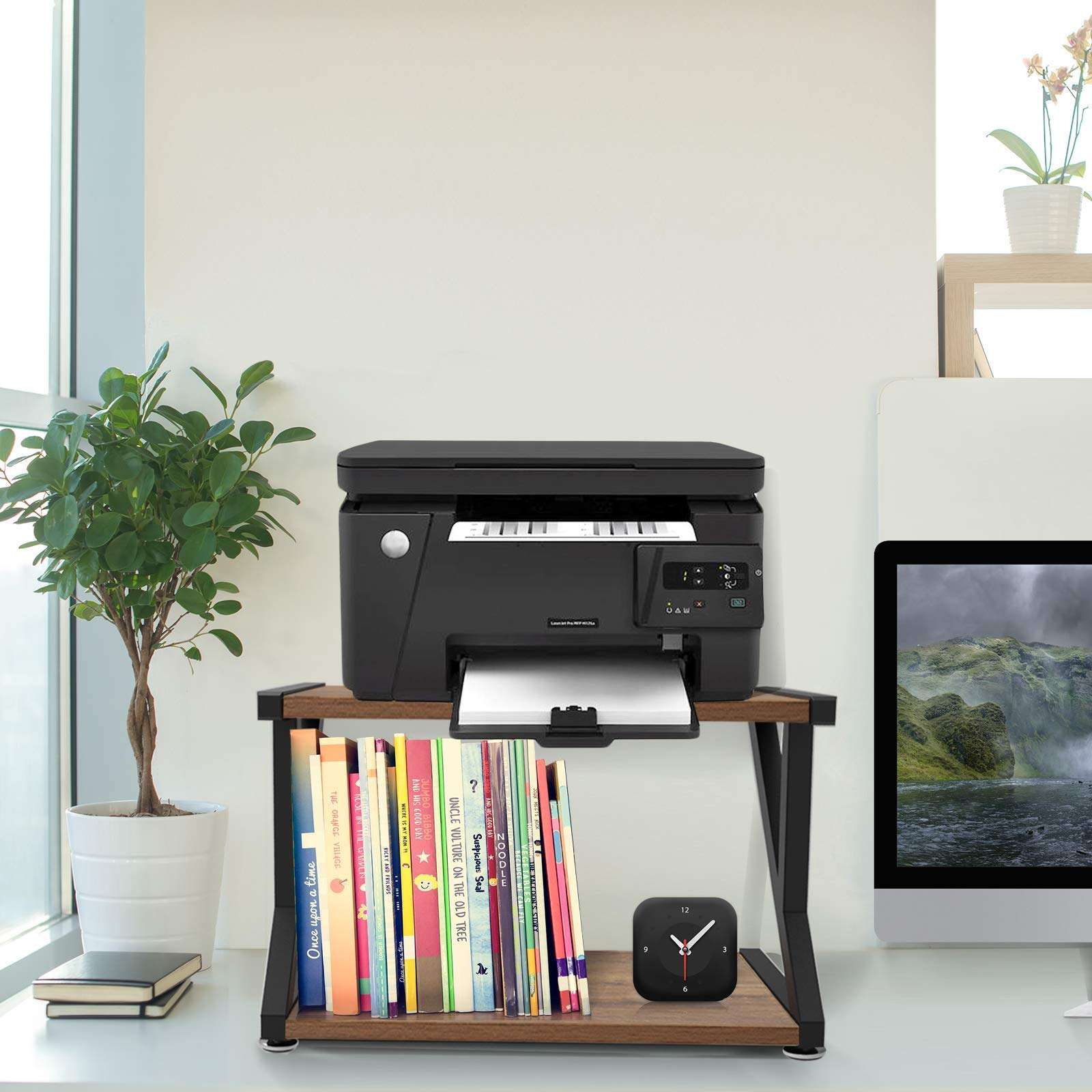 Desktop Printer Stand with 2 Tier Wood Storage Shelves, Rustic Printer Table, Multi-Purpose Desk Organizer for Fax Machine, Scanner, Files, Home Printer Stand with Adjustable Anti-Skid Feet 2