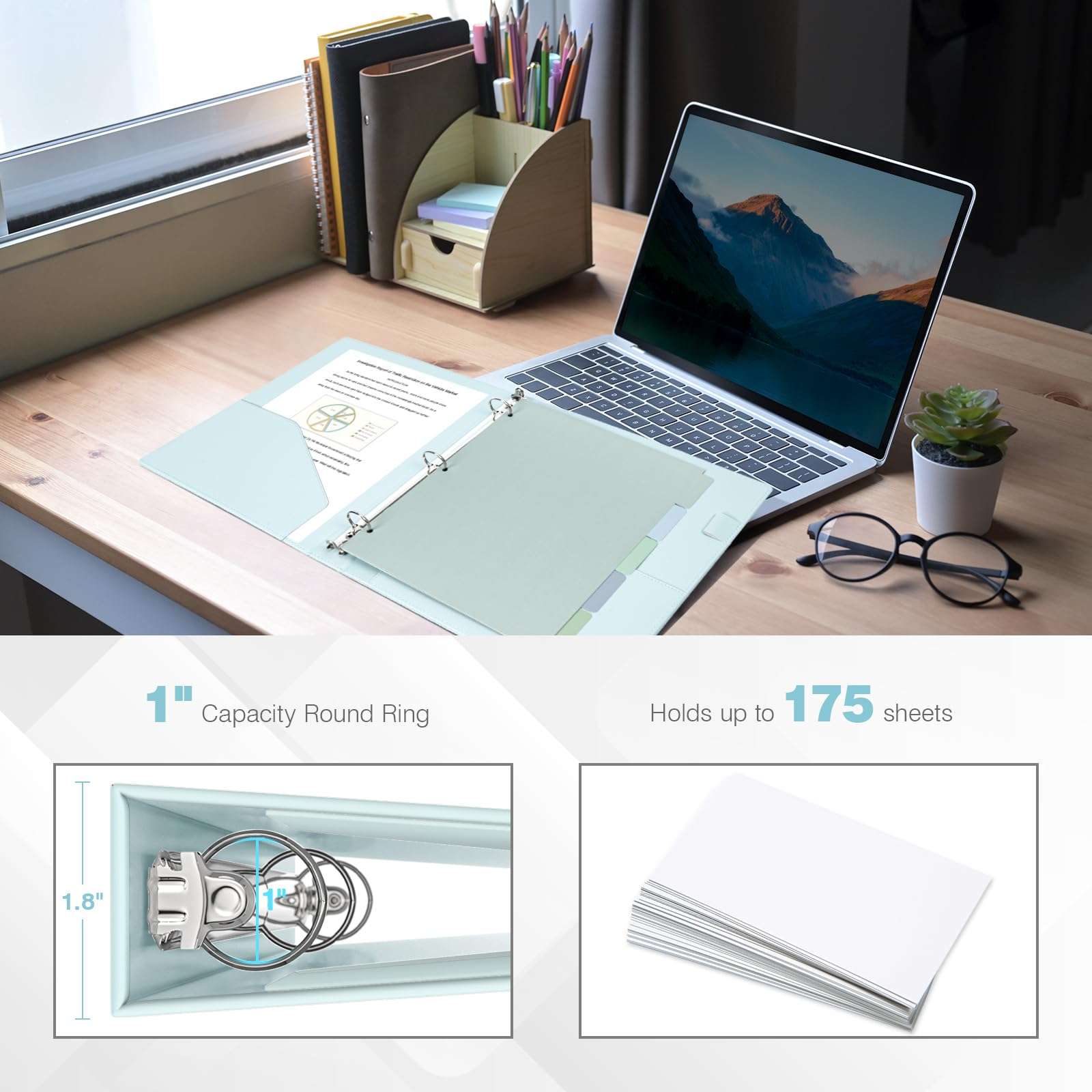 Ospelelf 3 Ring Binder 1 Inch Vintage Hardcover, Leather Organizer for Letter Size, Professional Clipboard with Dividers and Tabs, Blue 5