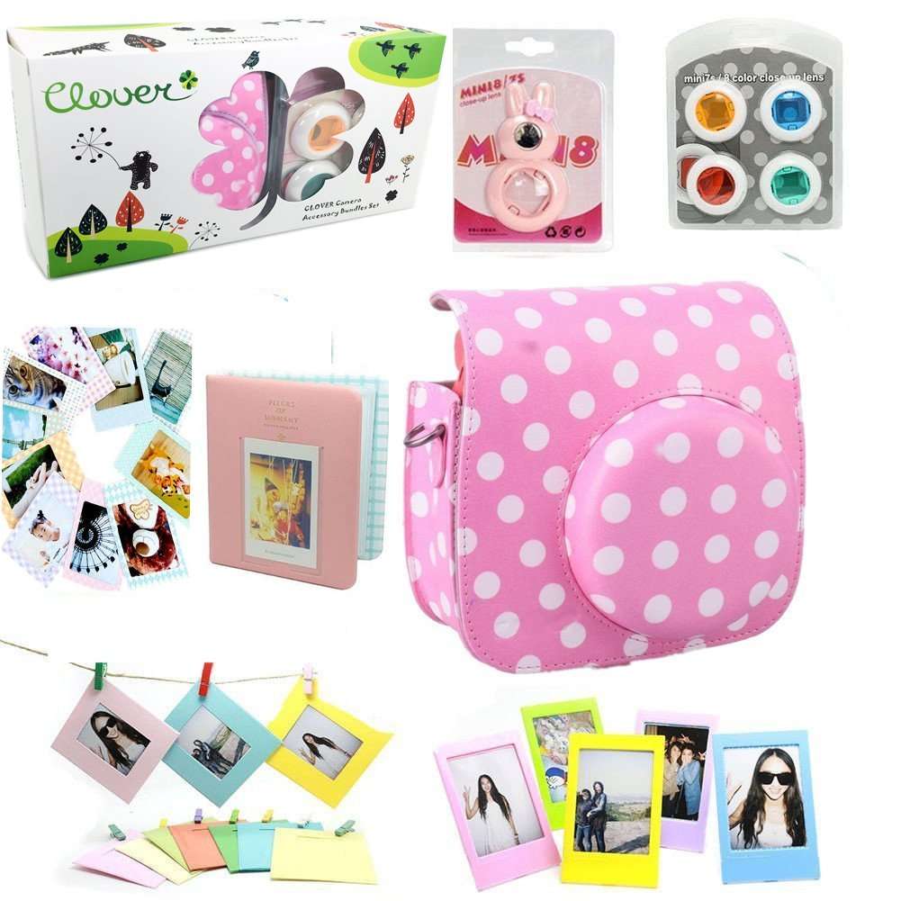 CLOVER Accessory Bundles Set for Fujifilm Instax Mini 8 Instant Camera (Pink Dot Bag/Album/Rabbit Self-Portrait/Close-Up Lens(Filter)/Photo Frame/Decor Sticker/Wall Frame) 1