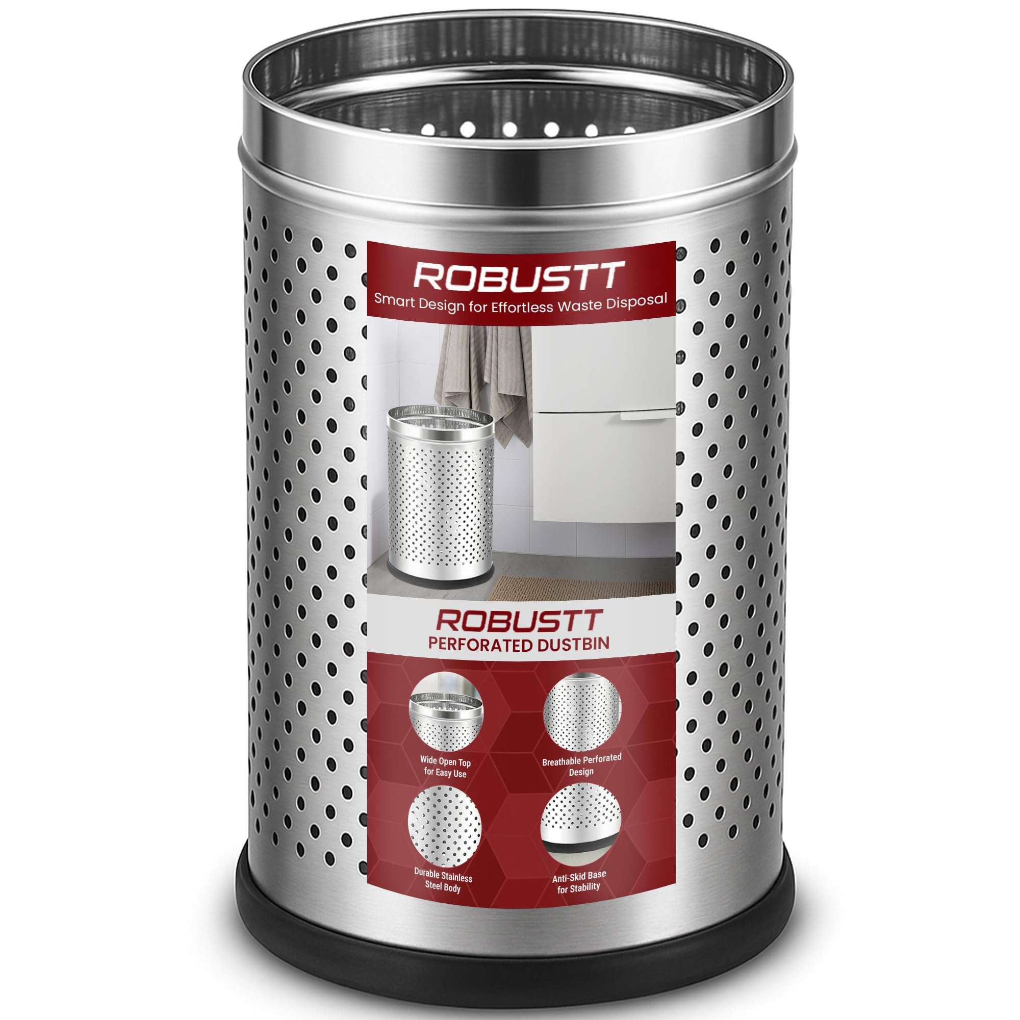 Robustt Stainless Steel Perforated Design Open Top Dustbin - 10L | 8 Inch (W) x 12Inch (H) Silver Trash Can with Anti-skid Base | For Bathroom, Bedroom, Kitchen & Toilet or Commericial Use - Pack of 1 1