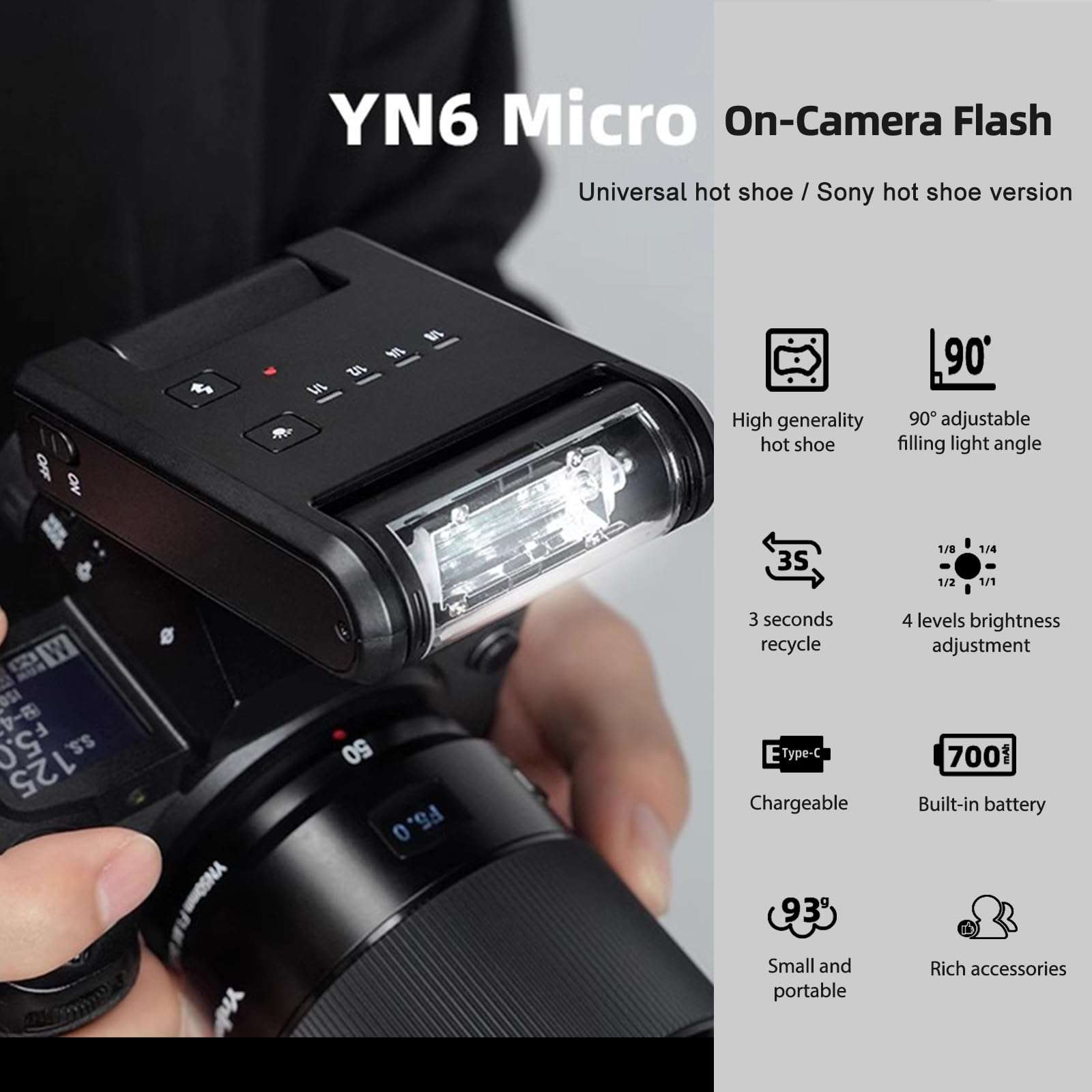 YONGNUO Flash YN6 Mini Camera Flash- 700mAh/Type-c Charge/3s Recycle/Manual, Universal Hot Shoe Flash Speedlite for Canon, Nikon, Olympus, Fuji and Other DSLR Cameras (Universal Hot Shoe Flash Black) 3