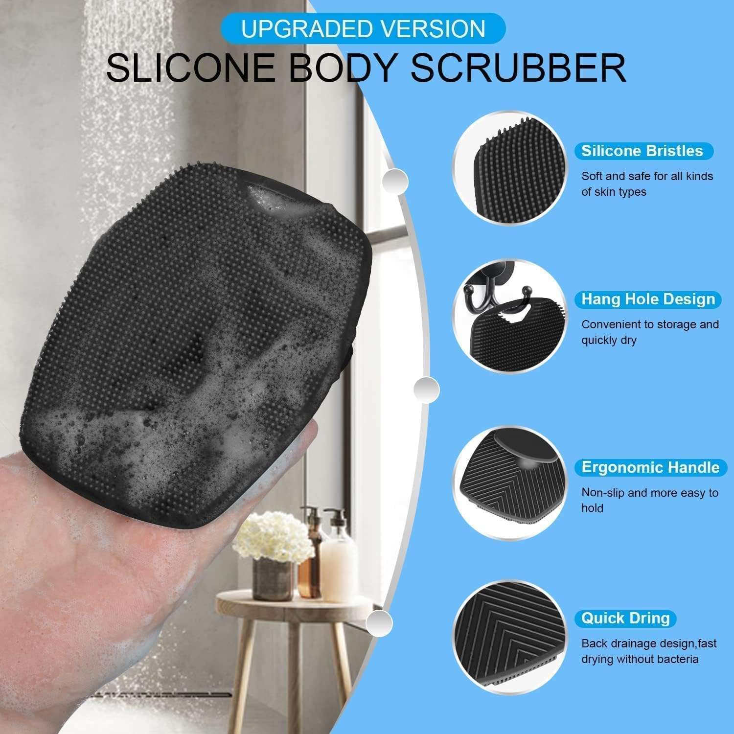 SUPRO Silicone Body Scrubber Bath Brush,Scrubber for Nourishing Cleaning & Exfoliating Your Skin Lather Boosting Bristles with Ergonomic No-Slip Handle, Body Exfoliator for Men and Women 6