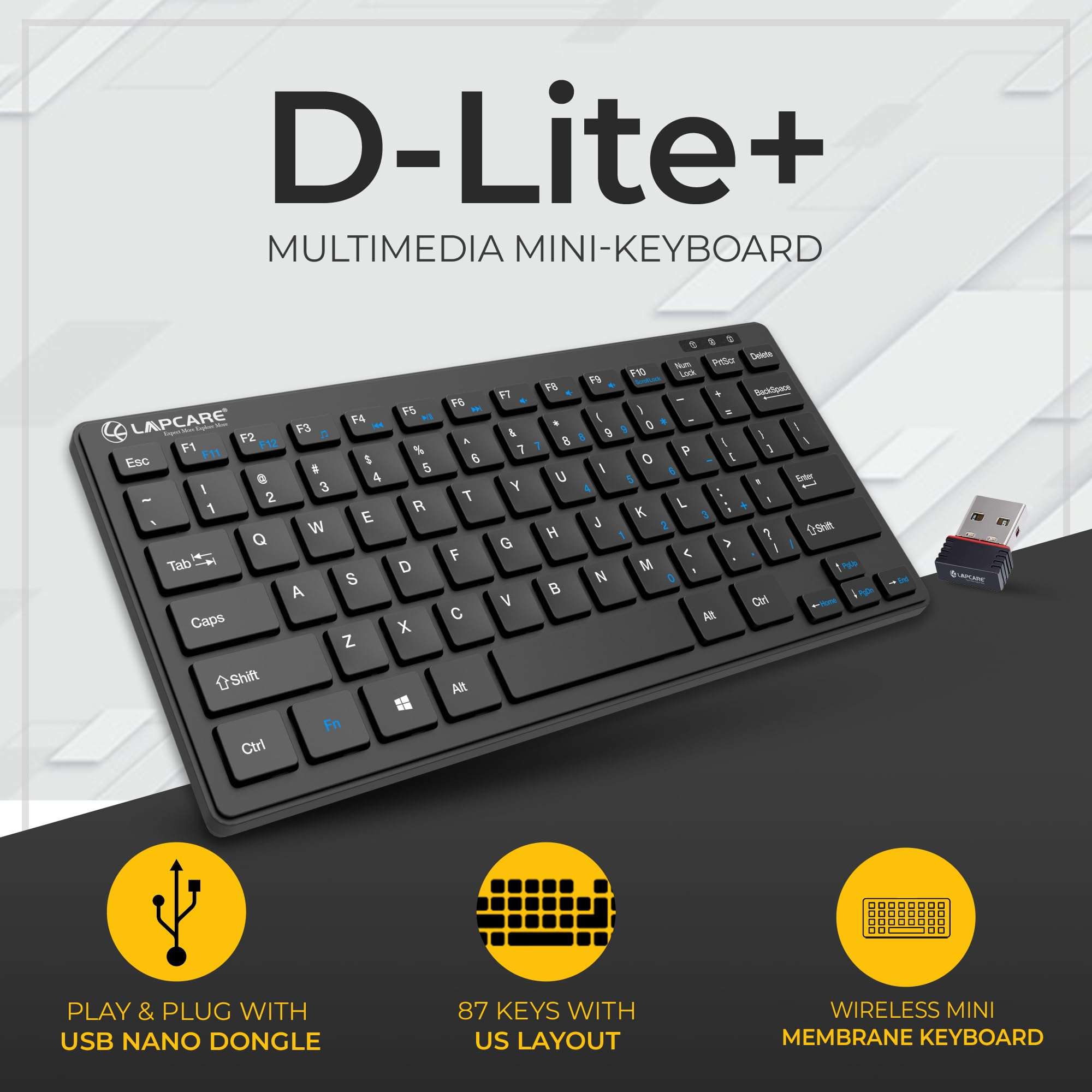 LAPCARE D-lite Plus Wireless Keyboard with 2.4 GHz & 10 M BT Range &78 Keys, 8 Million Key Life, Minimalist Design,Compatible Window98, ME, 2000, XP, Windows VISTA/7/8/10,Linux (D-Lite + BLK) 2