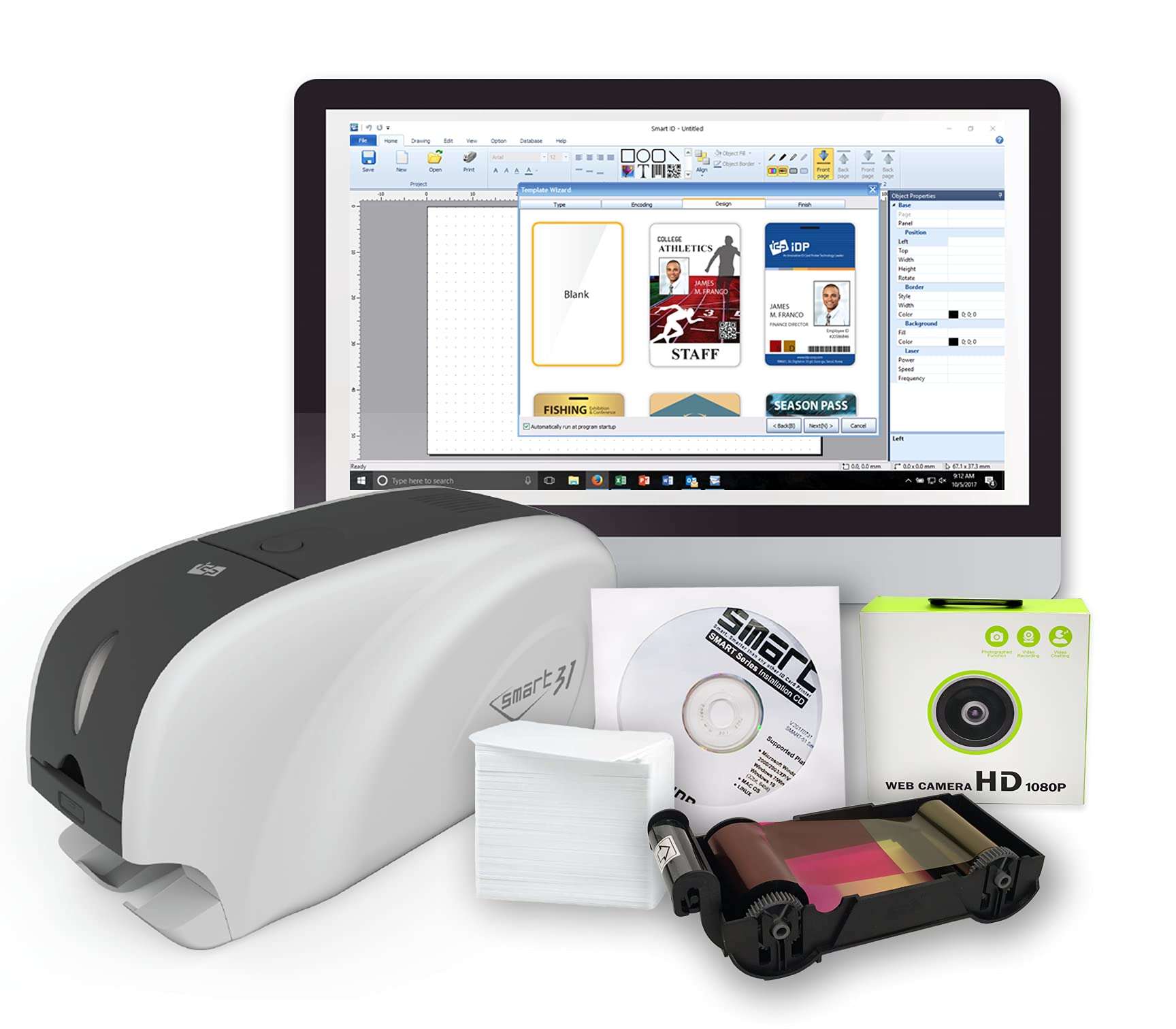 IDP SMART-31 Series ID Card Simplex Printer Bundle with USB Camera, Software, Manual and Guides - Includes 250-Print YMCKO Color Ribbon and 100 PVC Plastic Cards - Now with SMARTMark Security 1