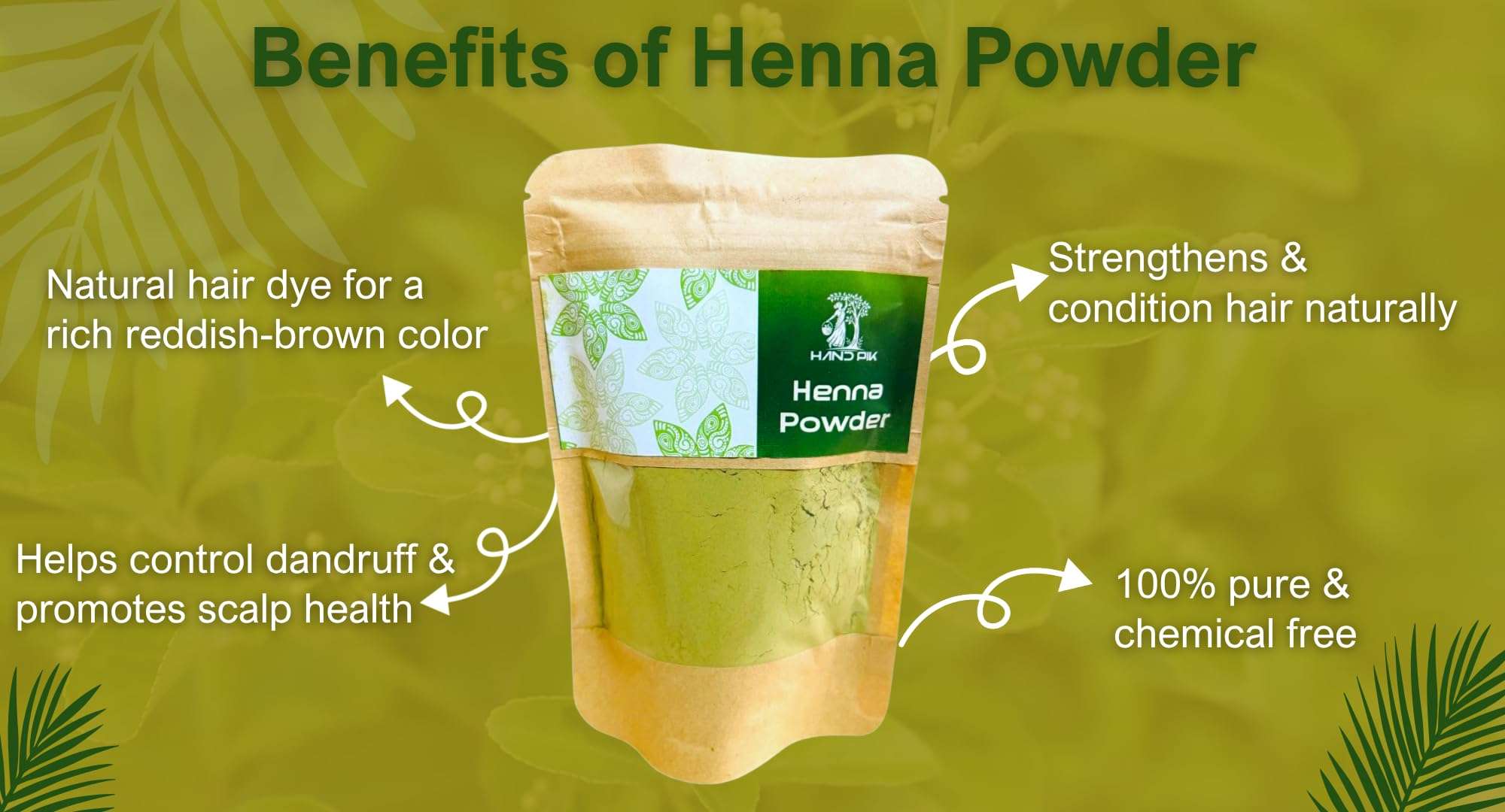 HandPik 100% Pure Natural Henna Powder| Organic Mehandi| For Hair colour, Bread and Hands| 100gm Pack 5
