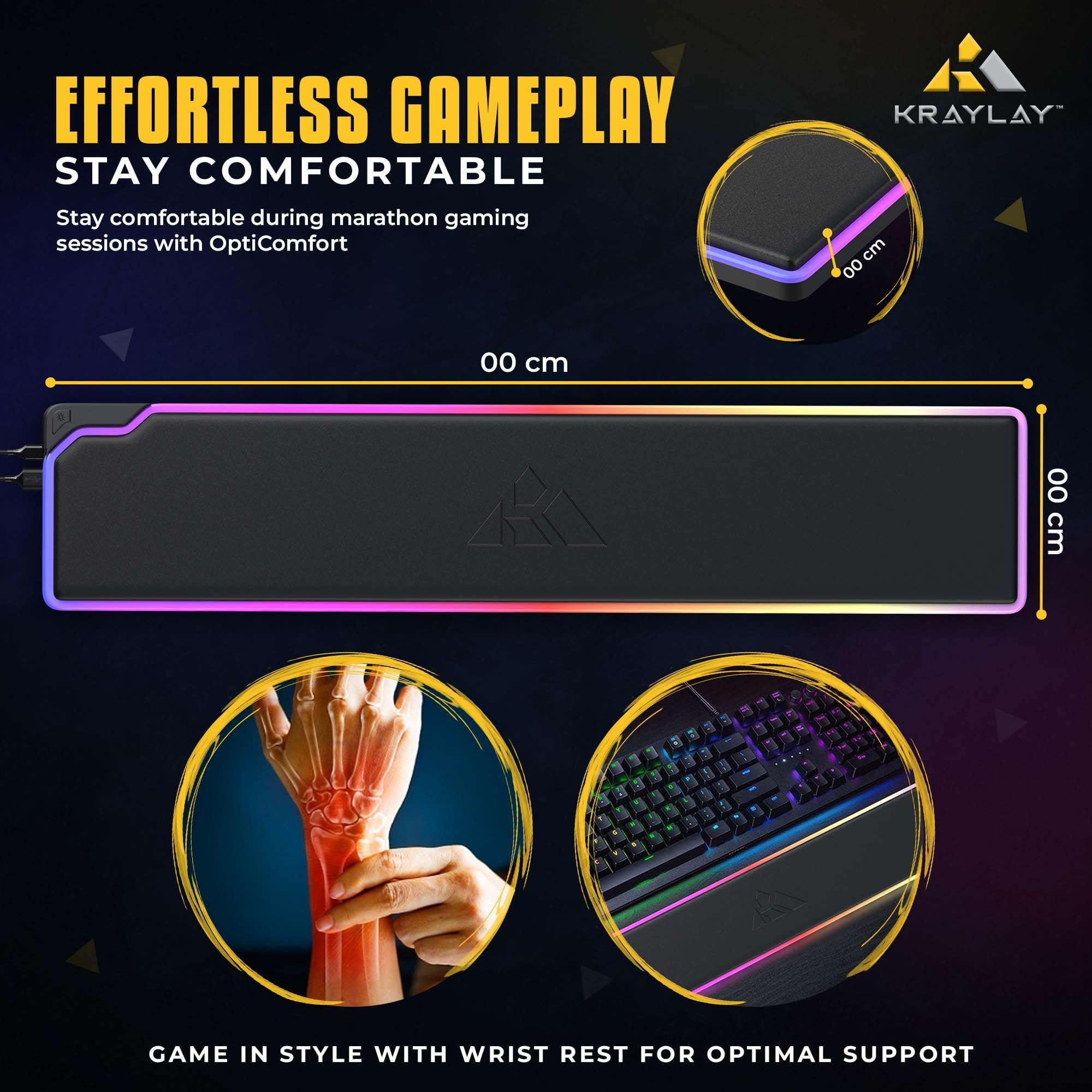 Kraylay RGB Backlit Gaming Wrist Rest | RGB Wrist Support for Keyboard | Keyboard Wrist Rest with 14 Color Modes | 17x4x1 Inches Wrist Pad for Keyboard | Wrist Rest for Computer, Laptop, | Black 6