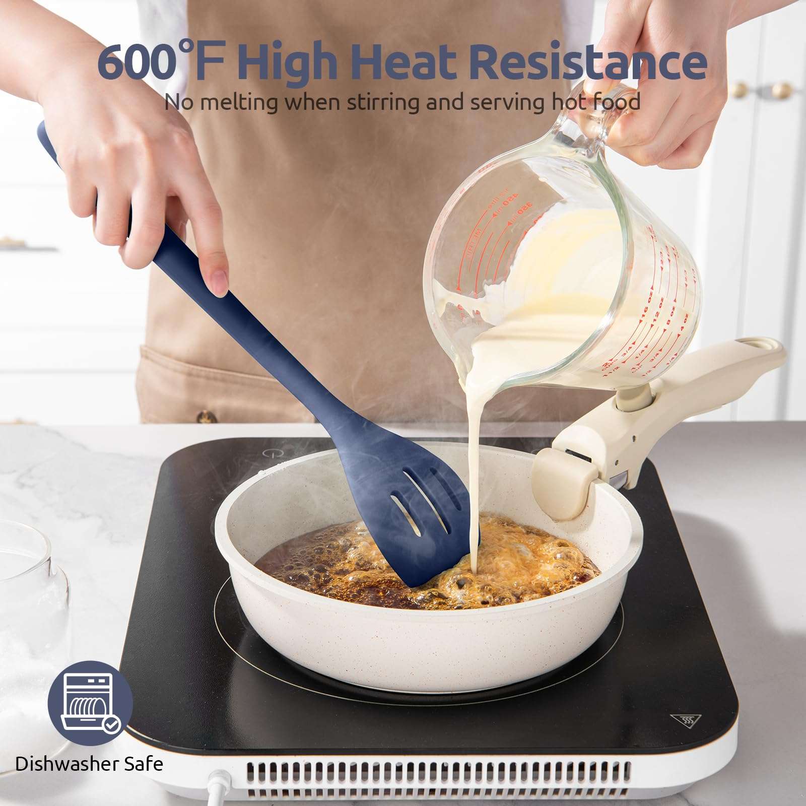 600℉ Heat Resistant Silicone Solid Spoon and Slotted Spoon Pack of 2: U-Taste 13.35in Kitchen Nonstick BPA Free Large & Long Soup Rubber Cooking Utensil for Mixing in Pot Cookware (Midnight Blue) 4