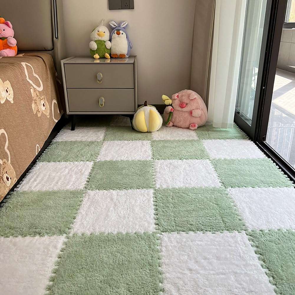 12 Pcs Plush Foam Interlocking Carpet Tiles,Soft Shaggy Fluffy Floor Area Rugs with Padding,Colorful Floor Protective Mats for Home Kids Room Playroom (White and Green, 11.8 x 11.8 x 0.39) 1
