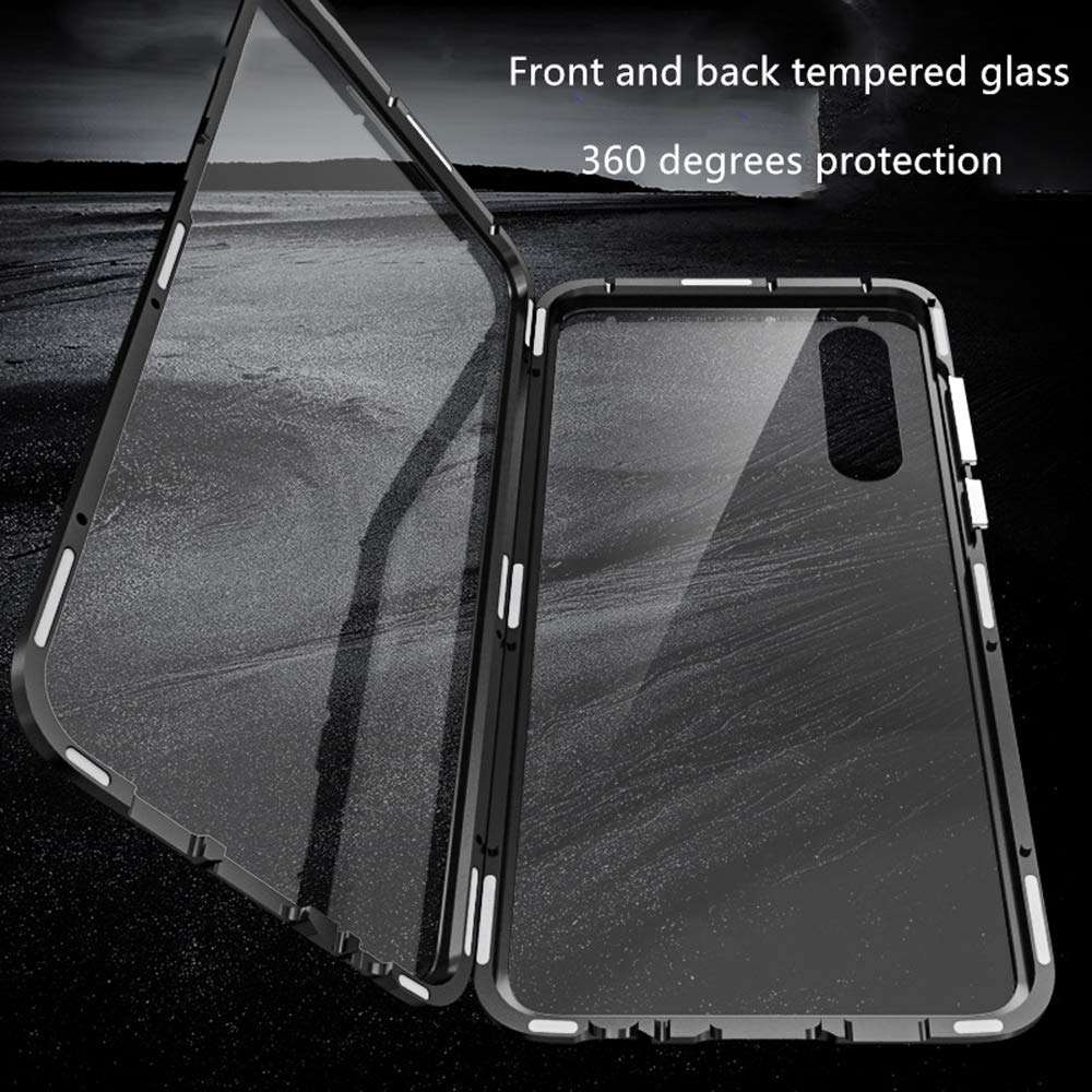 Compatible with Xiaomi Redmi Note 8T (6.3 inch) Case, Jonwelsy 360 Degree Front and Back Transparent Tempered Glass Cover, Strong Magnetic Adsorption Technology Metal Bumper for Redmi Note 8T (Black) 2