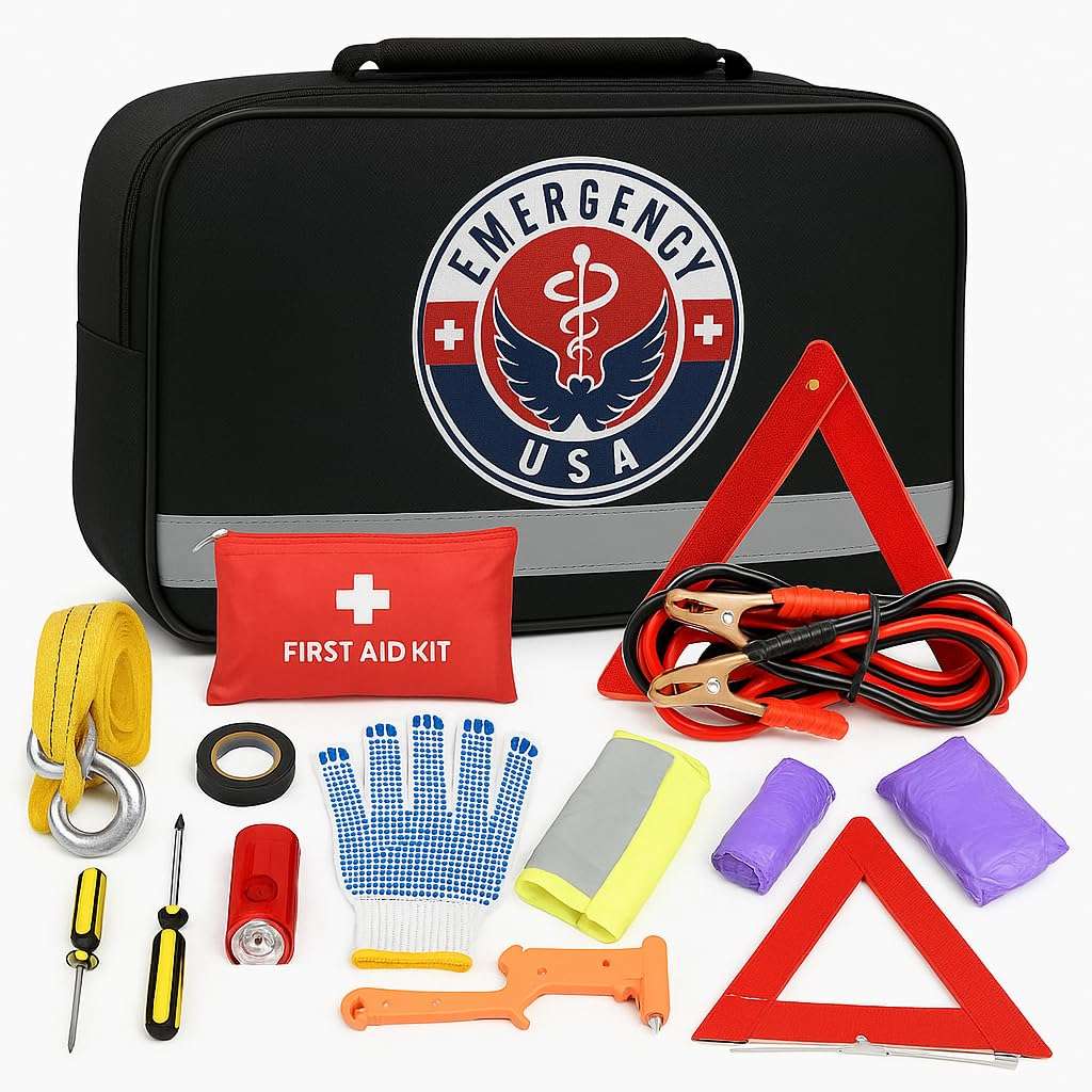 Roadside Car Emergency Kit - First Aid Set, Jumper Cables, Tow Strap, LED Flash Light, Rain Coat, Tire Pressure Gauge, Safety Vest and More (Black) 1
