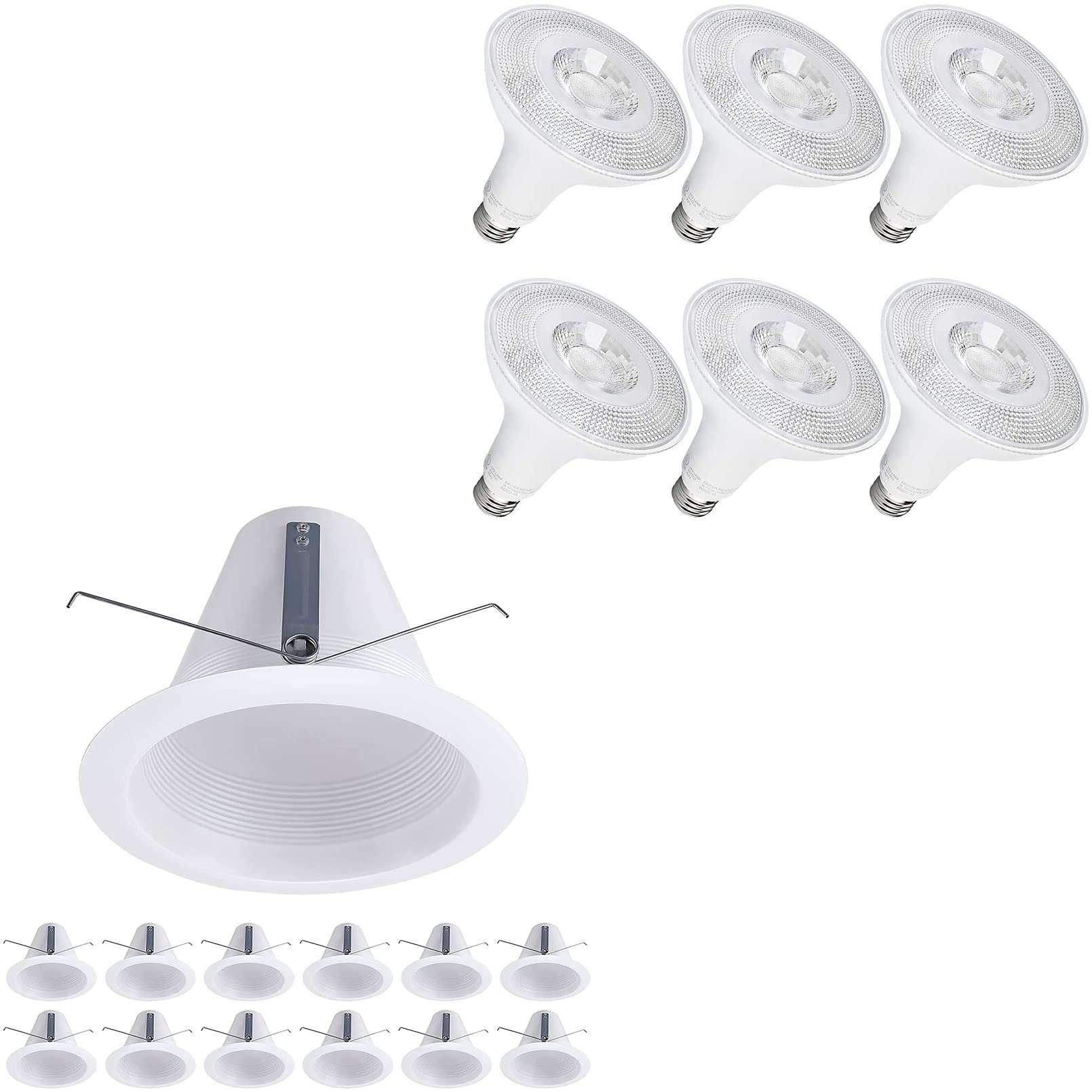TORCHSTAR 6 Inch Recessed Can Light Trim Bundle PAR38 LED Flood Light Bulb, 12-Pack White Air Tight Baffle Trim, White & 6-Pack PAR38 LED Flood Light Bulb 1