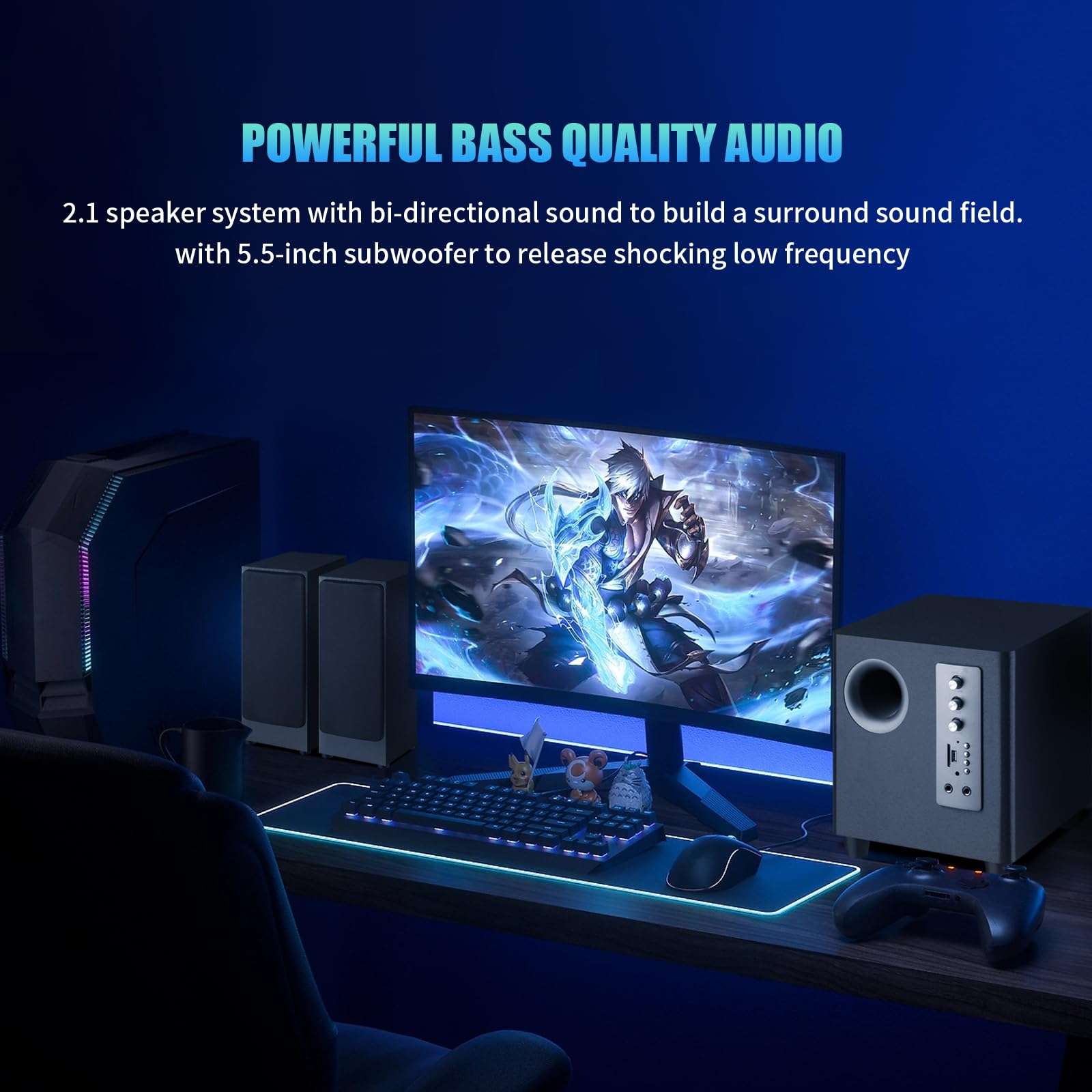 Elimavi TV Surround Sound System with 5.5-inch Subwoofer and 3-inch Mid Tweeter for Home Theater Speakers, 60W Peak Power, Support RCA/BT/TF Card Inputs Suitable for TVs, PCs 3