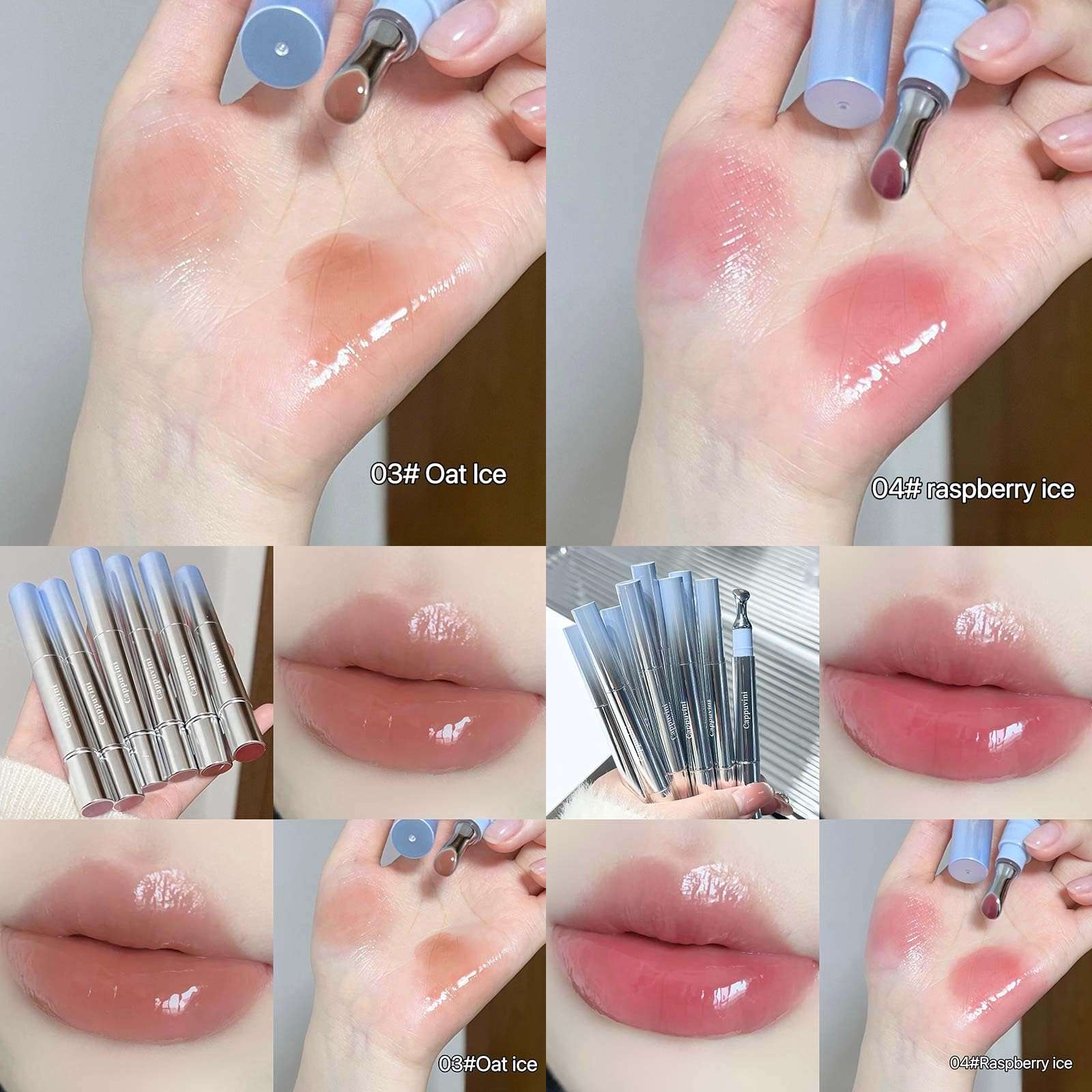 Cappuvini Mirror Water Shine Essence Lip Gloss | Moist and Submissive Light Texture | Moisturizing Lip Tint with Cooling Ice Roller Applicator | Lip Protection Formula | Long-Lasting Liquid Lipstick | Ice-Themed Shades Light Pink Light Nude Color With High glossy Shine (06# Pomegranate Ice, 2.5g) 5