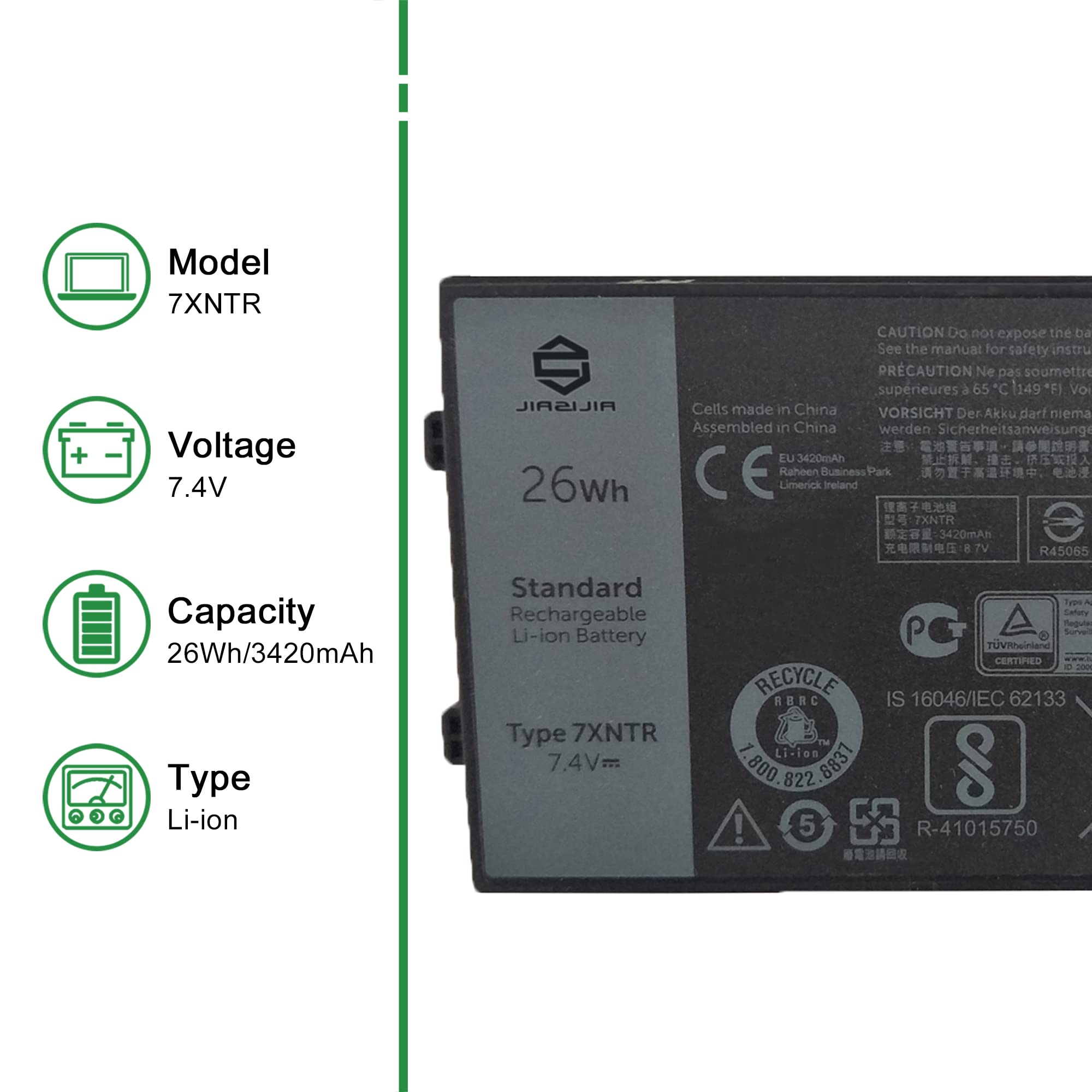 JIAZIJIA 7XNTR Laptop Battery Replacement for Dell Latitude 7202 7212 7220 Rugged Extreme Tablet Series Notebook J7HTX FH8RW 7.4V 26Wh 3420mAh 2