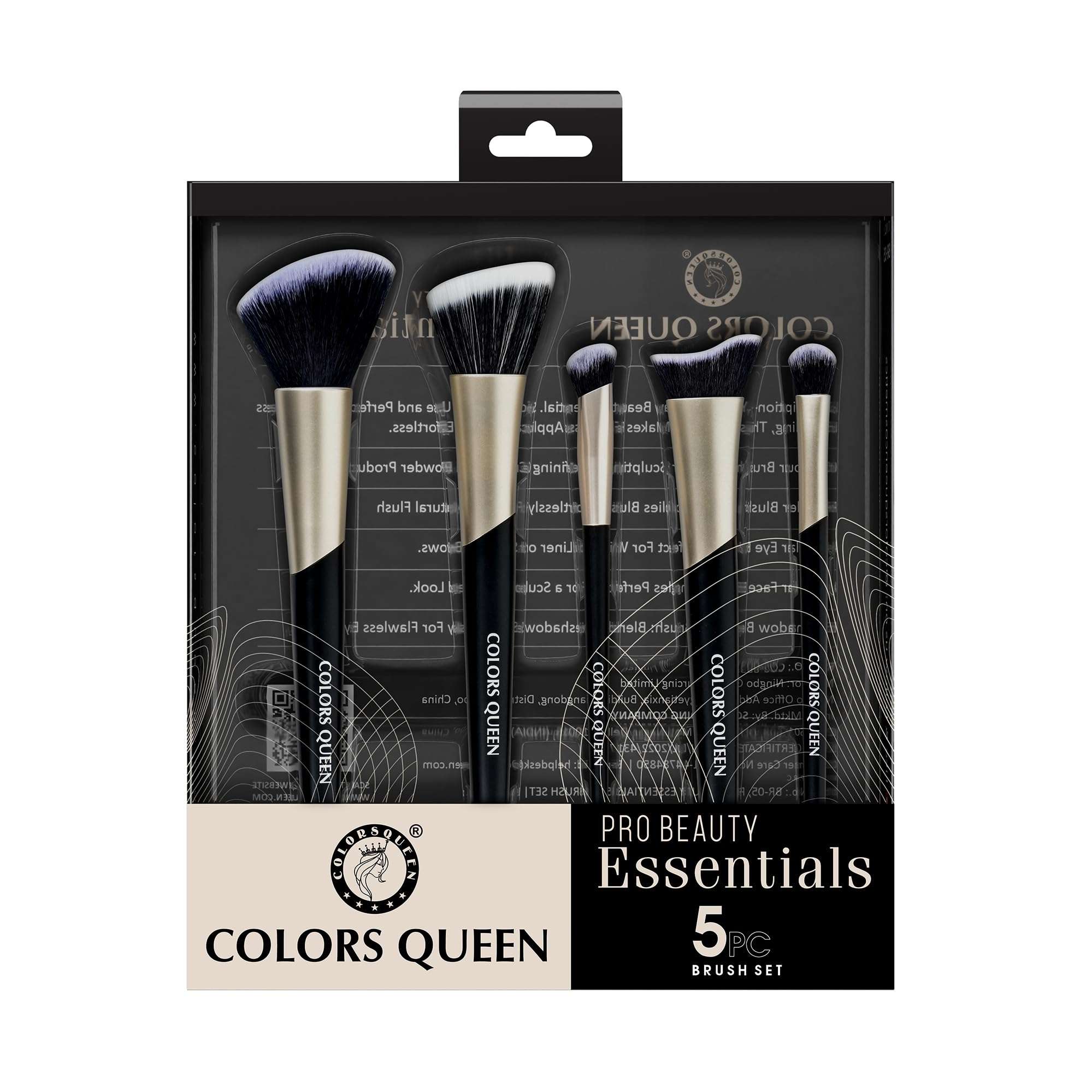 Colors Queen Pro Beauty Face & Eye Makeup Brush Set of 5 | Easy to Hold & Precise Application | Lightweight & Durable Makeup Brush for Cream, Liquid & Powder Formulation (Black & Gold, Pack of 5) 1