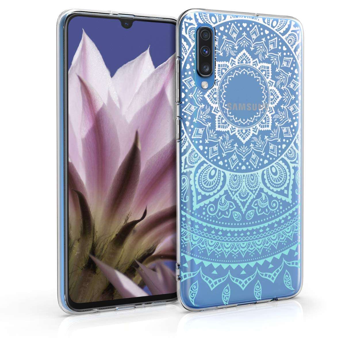 kwmobile Clear Case Compatible with Samsung Galaxy A70 - Phone Case Soft TPU Cover - Indian Sun Mint/White/Transparent 1