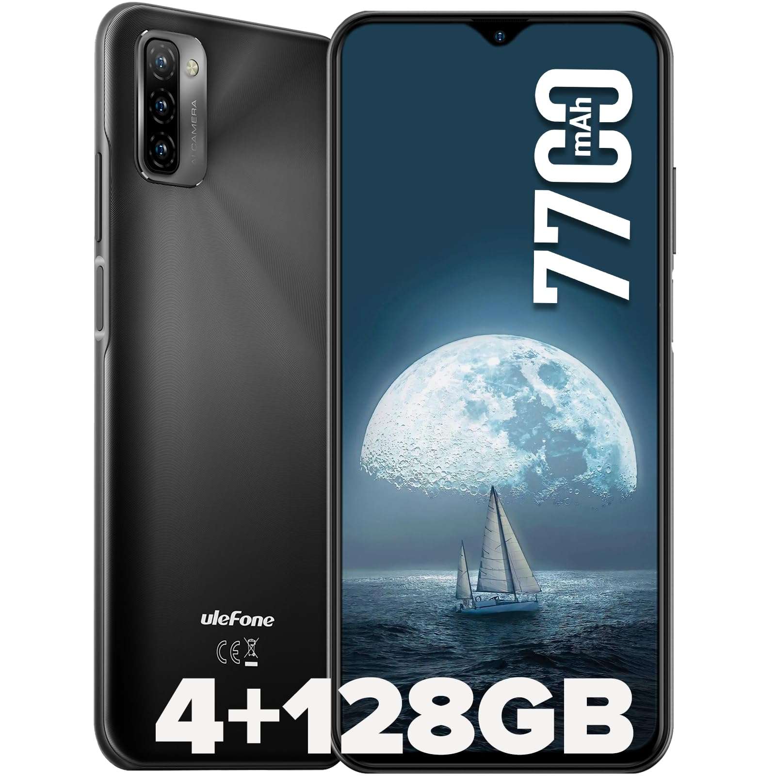 Ulefone Note 12 Unlocked Cell Phone, 4G Unlocked Smartphone, 6.82” Ultra-Large Screen with Slim Structure, 7700mAh Battery, 4+128GB, 3-Card Slot, Face Unlock/Fingerprint Recognition, Black